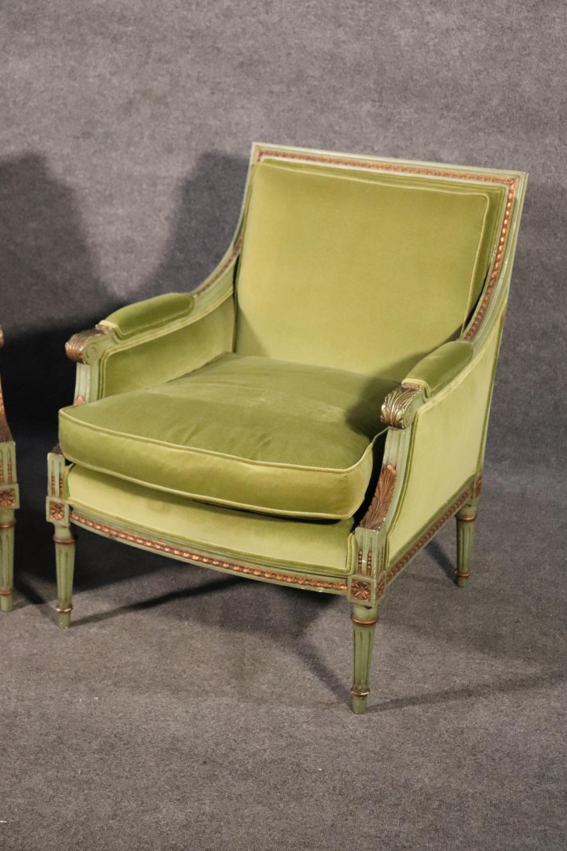 Walnut Classic Square Back French Louis XVI Style Green Painted Velvet Bergere Chairs