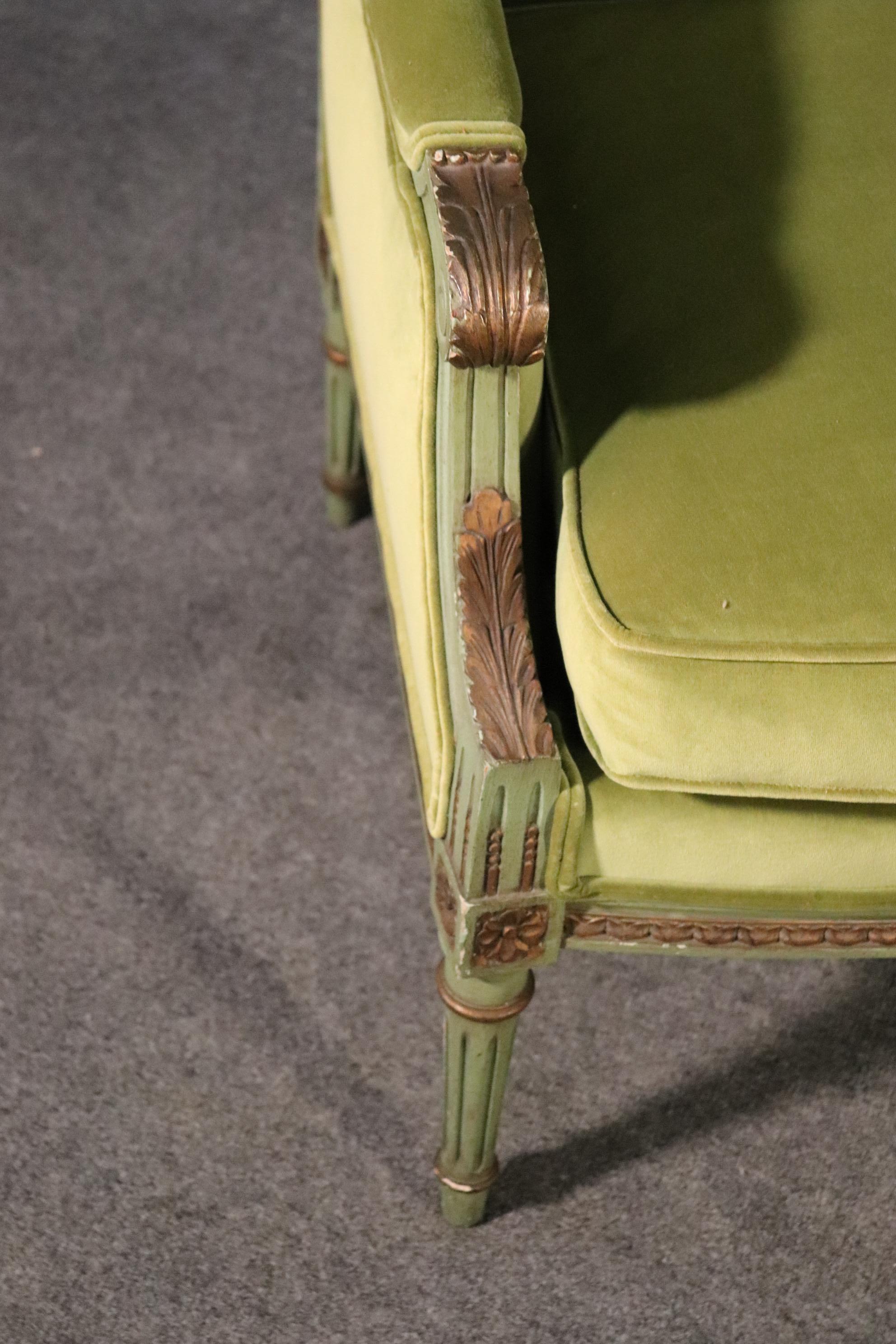 Classic Square Back French Louis XVI Style Green Painted Velvet Bergere Chairs 1