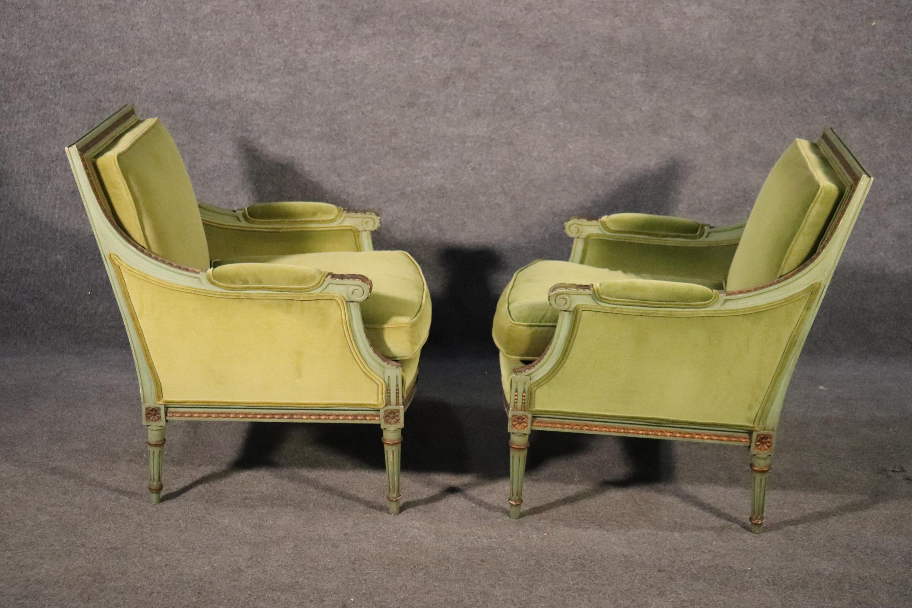 Classic Square Back French Louis XVI Style Green Painted Velvet Bergere Chairs 2
