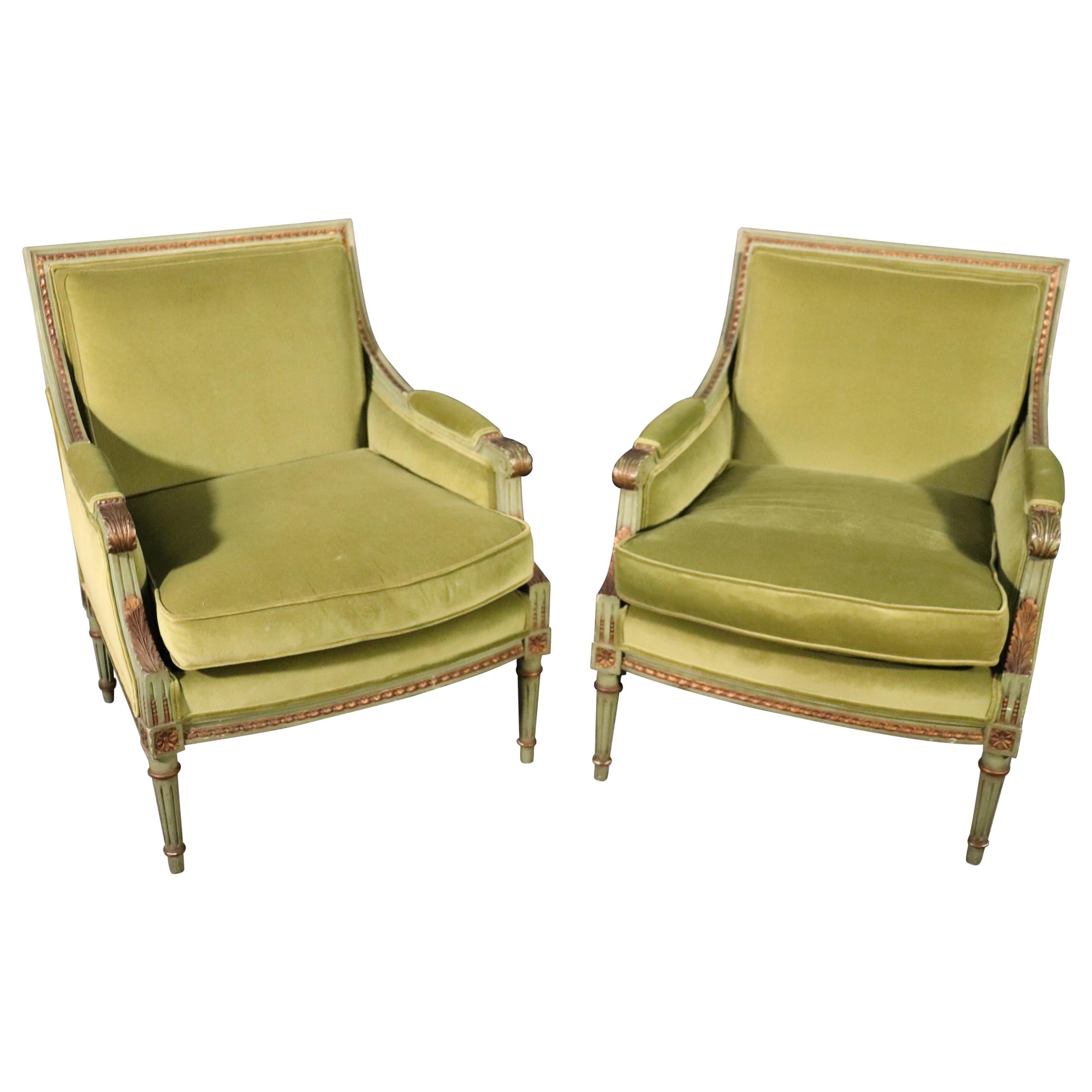 Classic Square Back French Louis XVI Style Green Painted Velvet Bergere Chairs