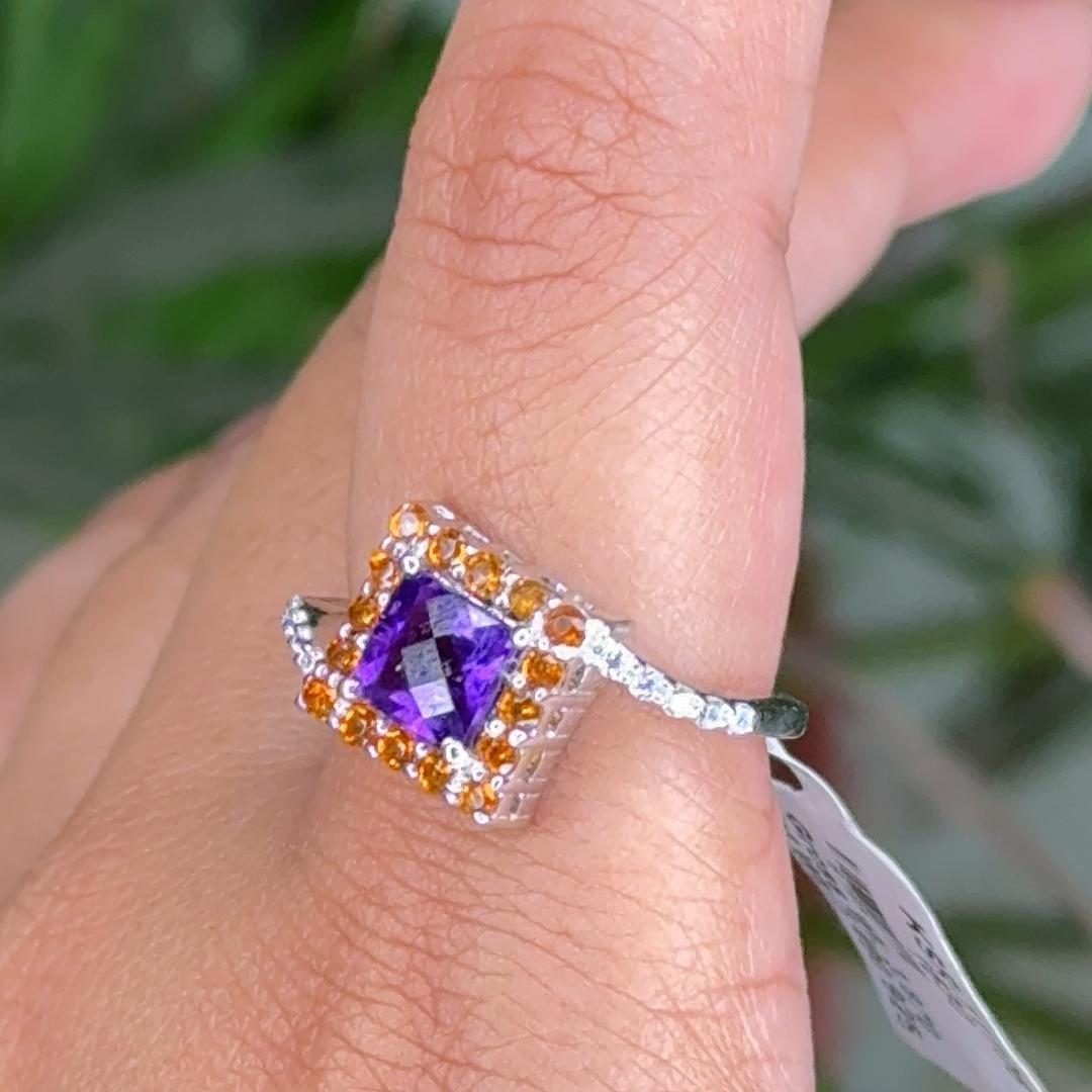 For Sale:  Classic Square Cut Amethyst and Citrine Stone Ring for Women in Sterling Silver 4