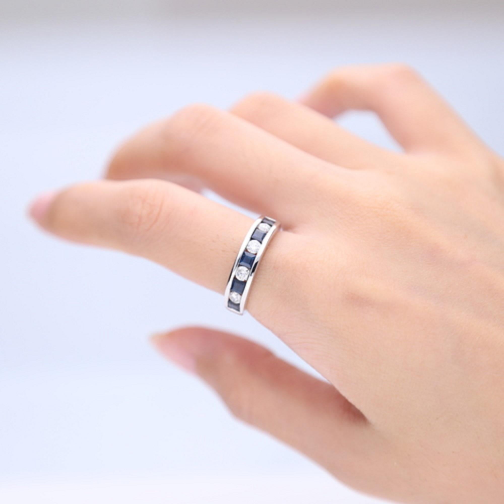Stunning, timeless and classy eternity Unique Ring. Decorate yourself in luxury with this Gin & Grace Ring. The 14k White Gold jewelry boasts Square cut Prong Setting Natural Blue Sapphire (5 pcs) 1.13 Carat, along with Natural Round cut white