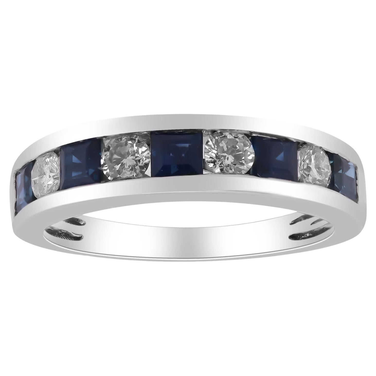 Classic Square-Cut Blue Sapphire and Round Cut White Diamond 14K White Gold Ring