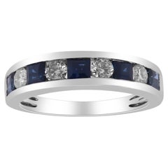 Vintage Classic Square-Cut Blue Sapphire and Round Cut White Diamond 14K White Gold Ring