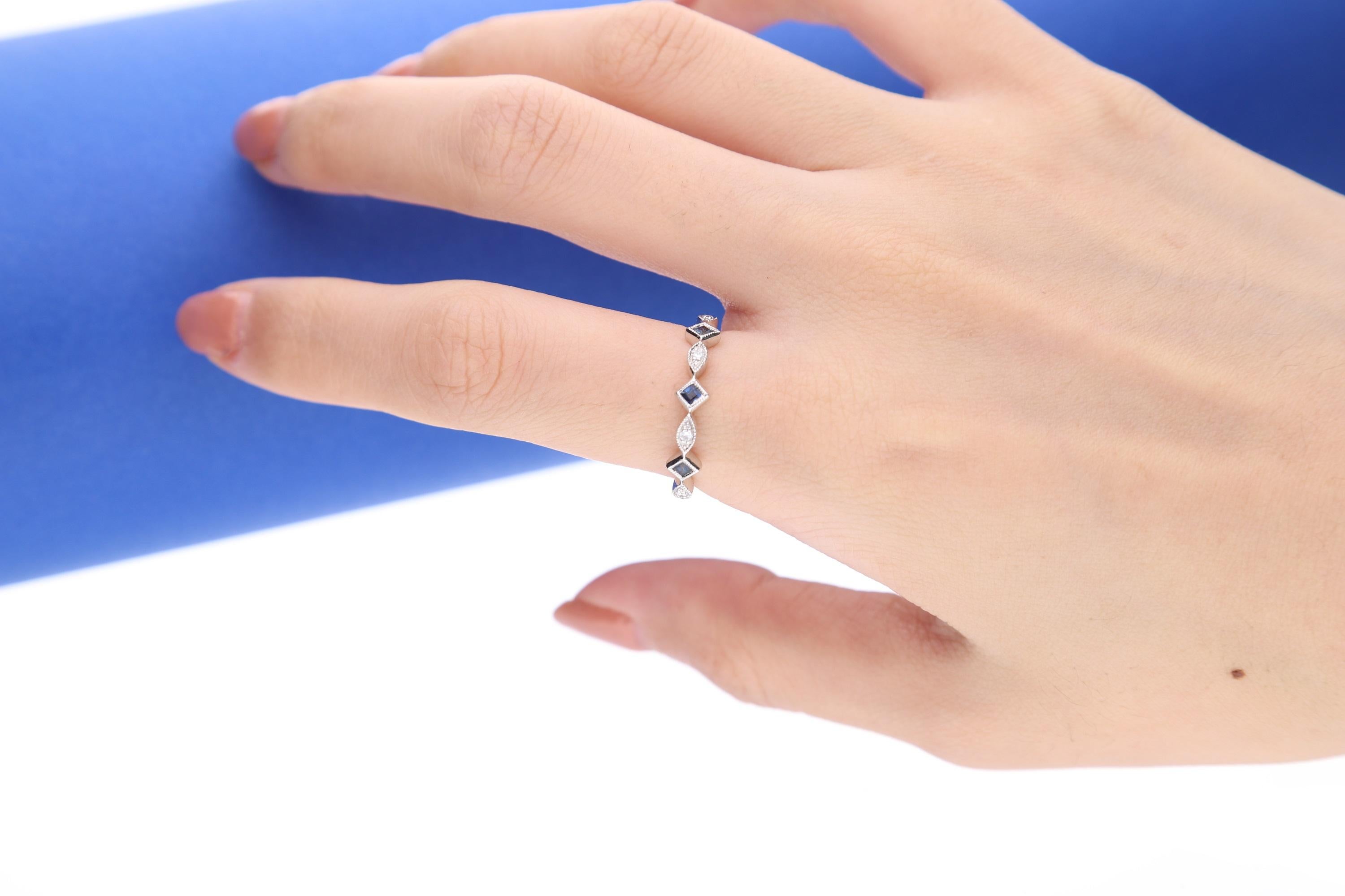 Stunning, timeless and classy eternity Unique Ring. Decorate yourself in luxury with this Gin & Grace Ring. The 18K White Gold jewelry boasts with Square-cut 3 pcs 0.24 carat Blue Sapphire and Natural Round-cut white Diamond (4 Pcs) 0.05 Carat