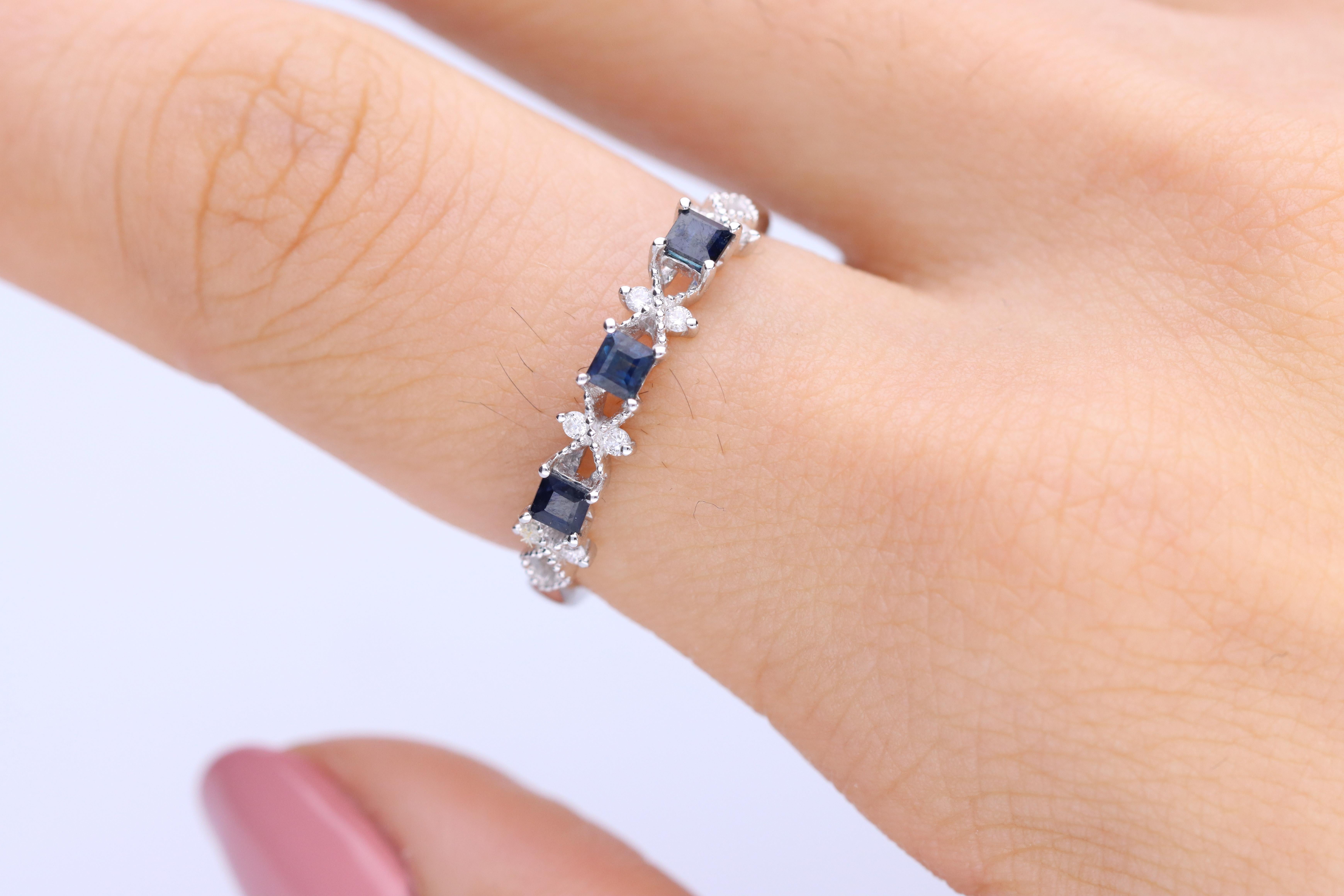 Stunning, timeless and classy eternity Unique Ring. Decorate yourself in luxury with this Gin & Grace Ring. The 18k White Gold jewelry boasts Square Cut Prong Setting Genuine Blue Sapphire (3 pcs) 0.38 Carat, along with Natural Round cut white