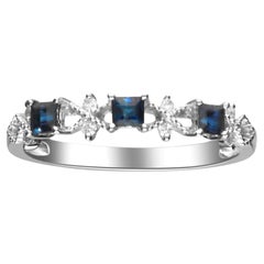 Classic Square Cut Blue Sapphire With Round Diamond 18 Karat White Gold Ring