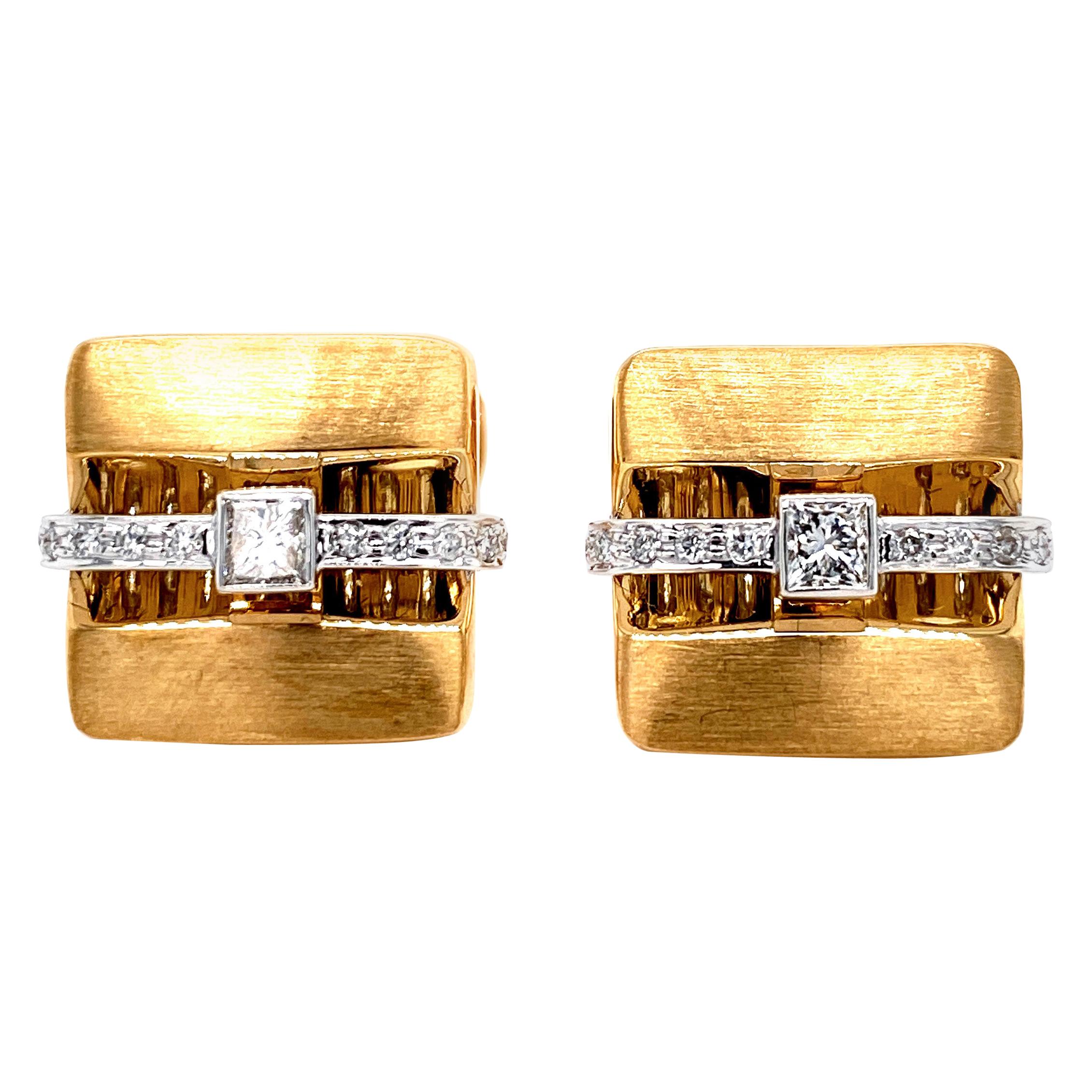 Classic Square Cut Diamond Cufflinks by Dilys’ in 18 Karat Yellow Gold For Sale