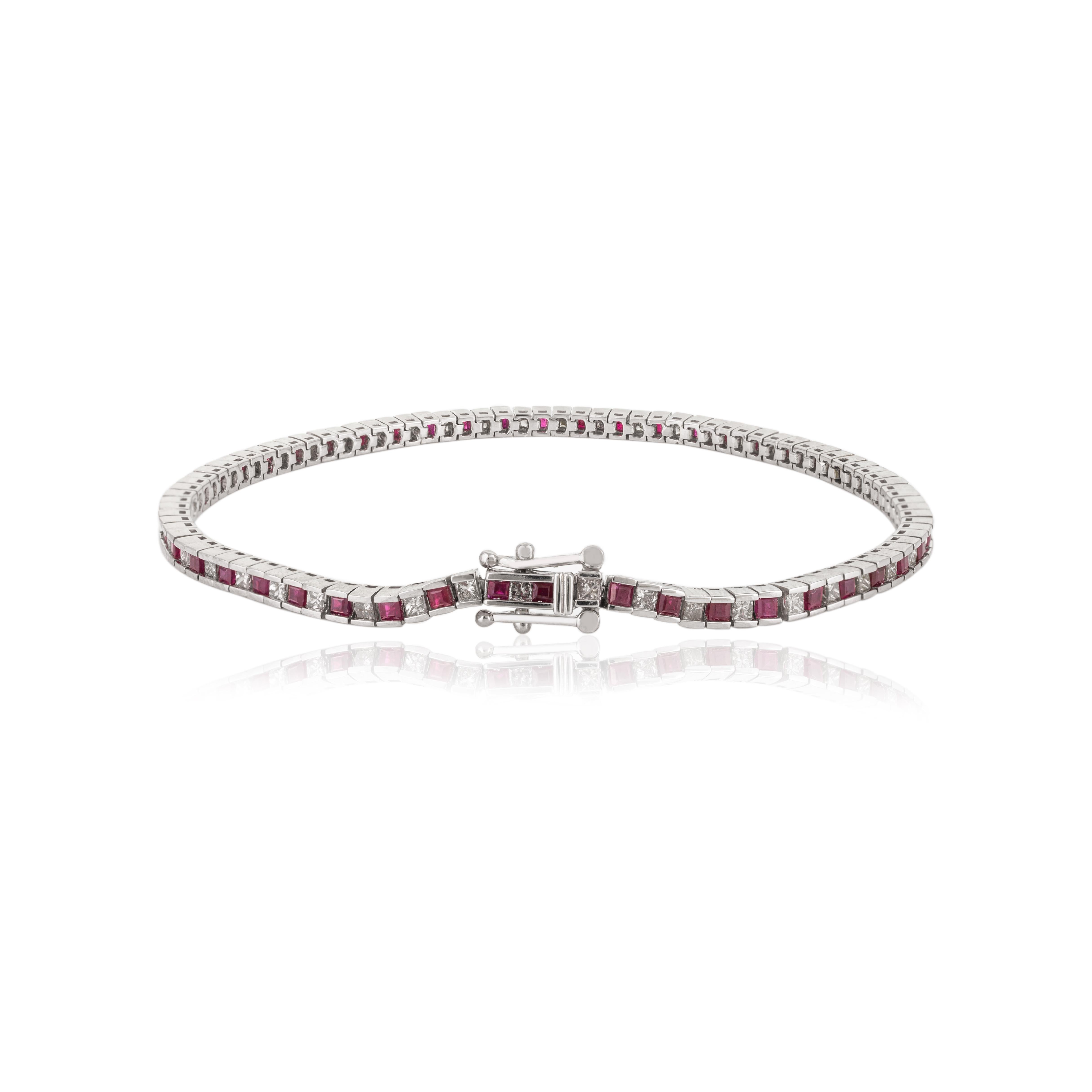 Women's Classic Square Cut Ruby and Diamond Tennis Bracelet in 18 Karat White Gold For Sale