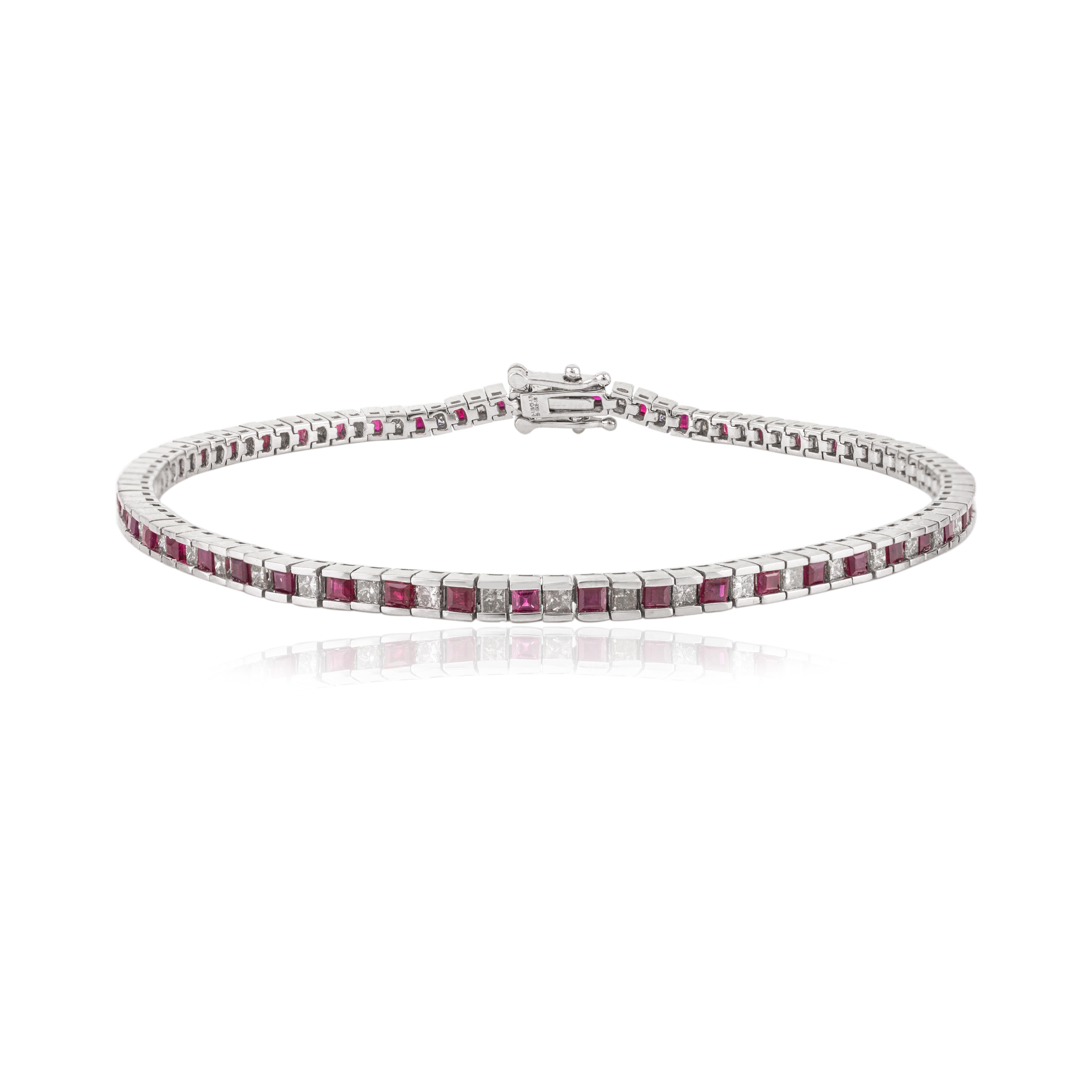 Classic Square Cut Ruby and Diamond Tennis Bracelet in 18 Karat White Gold For Sale 1
