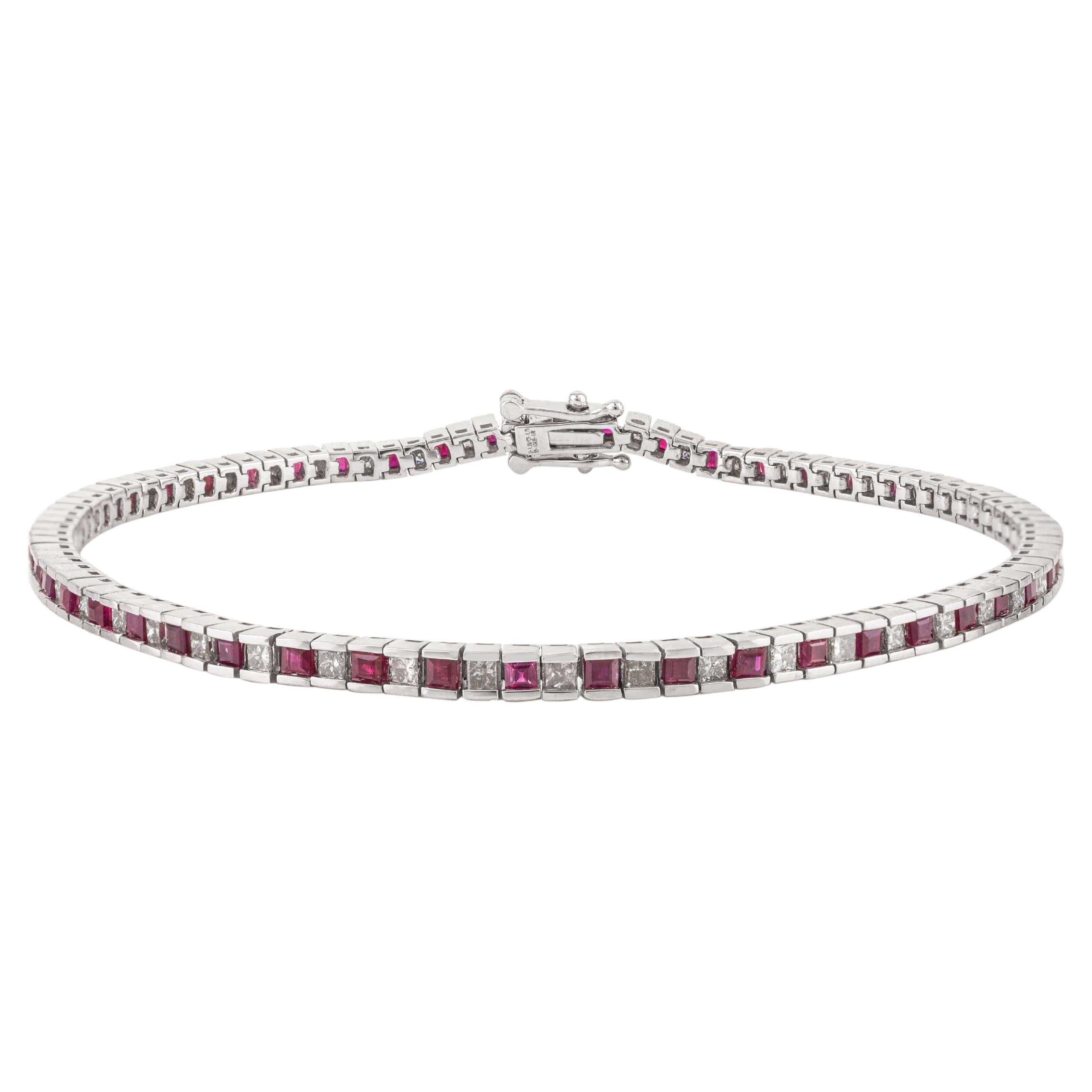 Classic Square Cut Ruby and Diamond Tennis Bracelet in 18 Karat White Gold For Sale