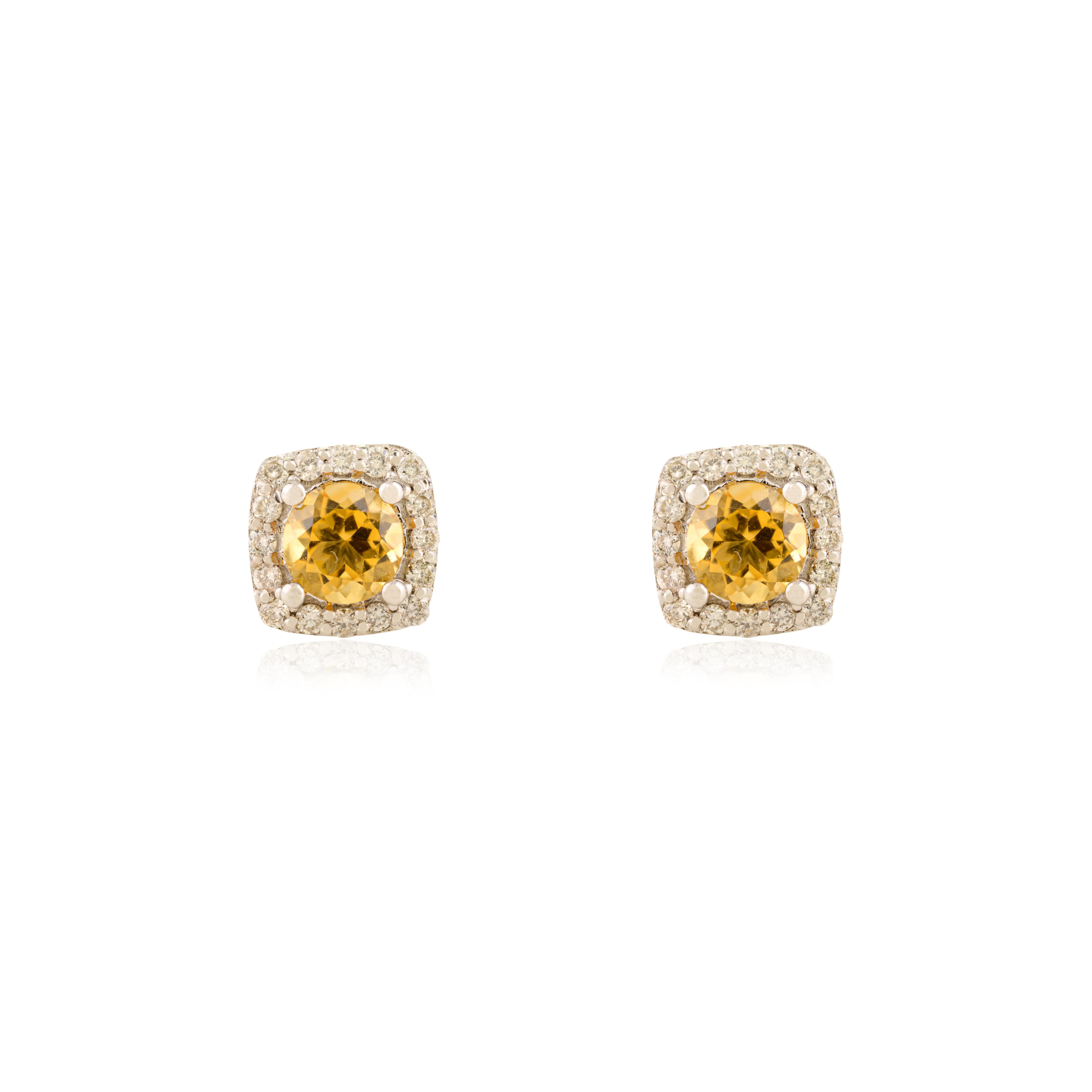 Pendientes clásicos cuadrados de citrino natural y diamante en oro blanco de 14k Moderno en venta