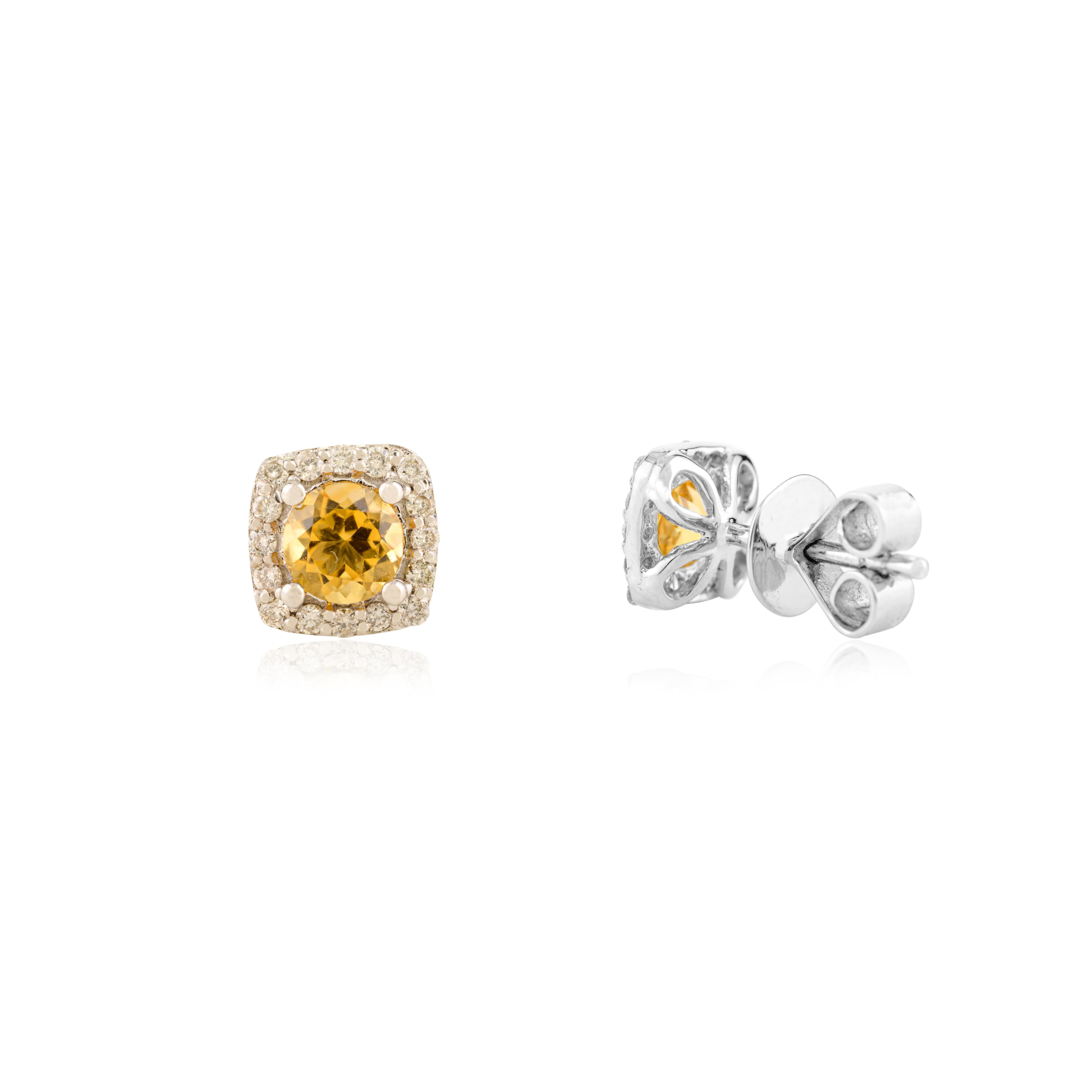 Pendientes clásicos cuadrados de citrino natural y diamante en oro blanco de 14k en Nuevo estado para la venta en New York, NY