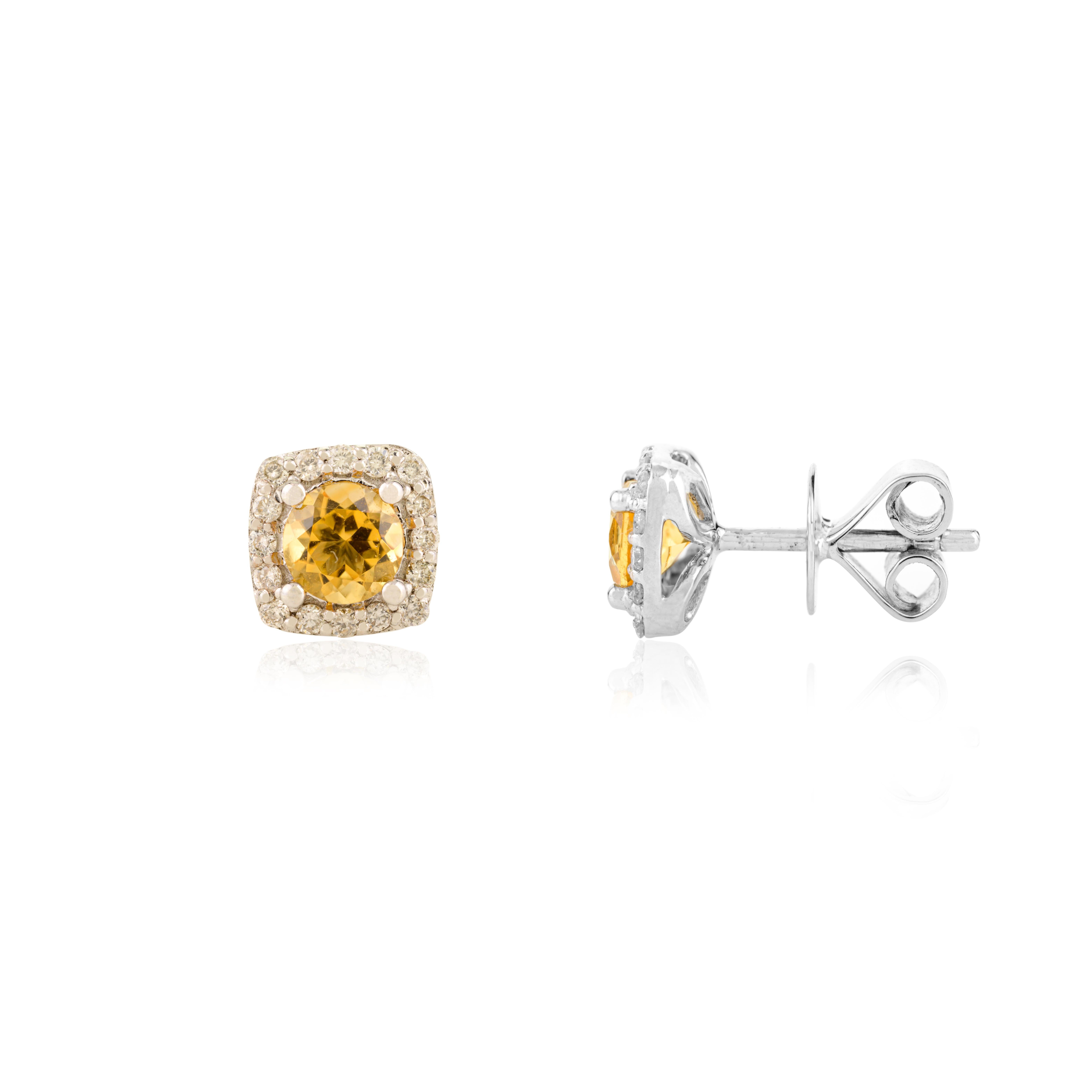 Pendientes clásicos cuadrados de citrino natural y diamante en oro blanco de 14k en venta 1