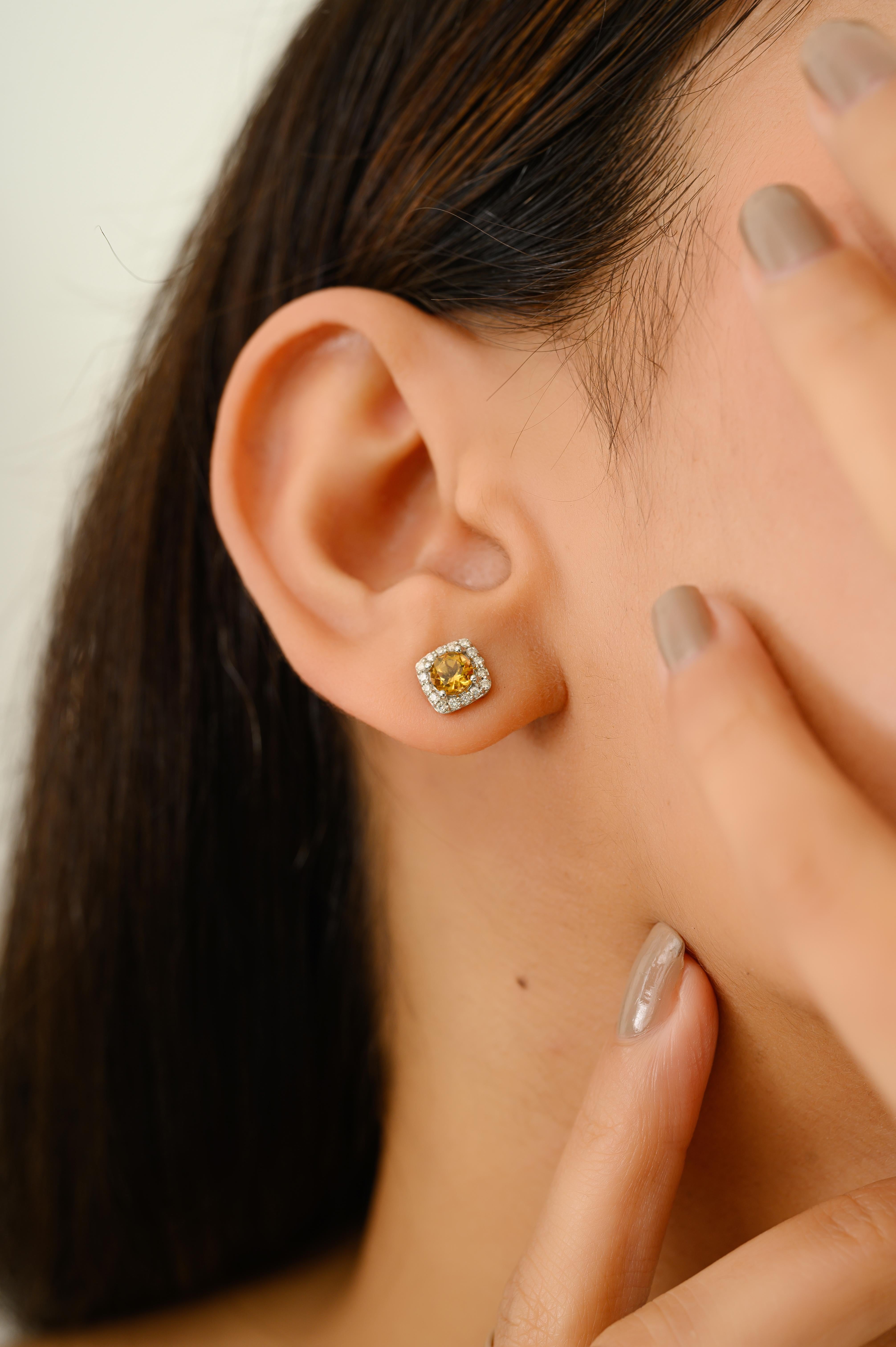 Pendientes clásicos cuadrados de citrino natural y diamante en oro blanco de 14k en venta 2