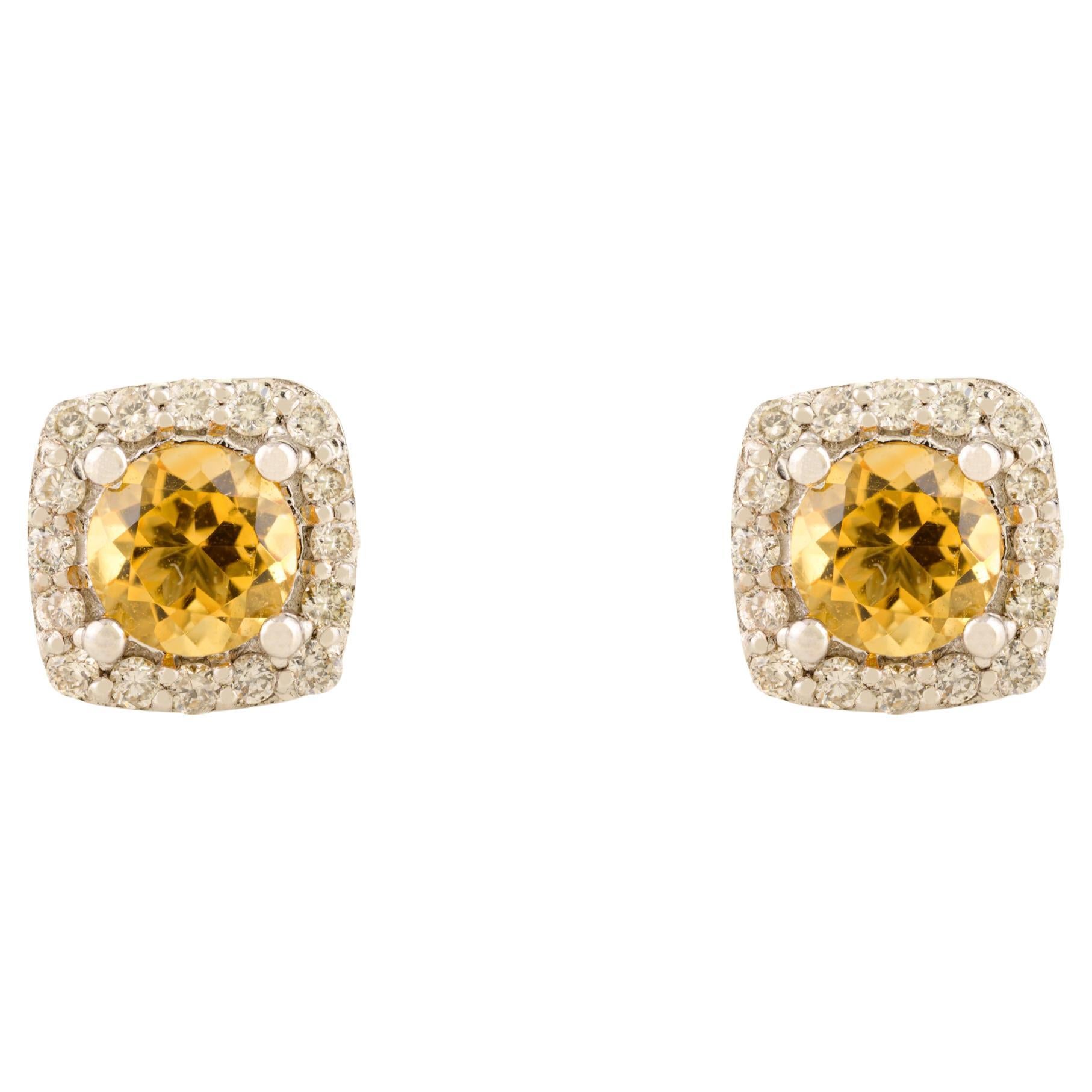 Pendientes clásicos cuadrados de citrino natural y diamante en oro blanco de 14k en venta