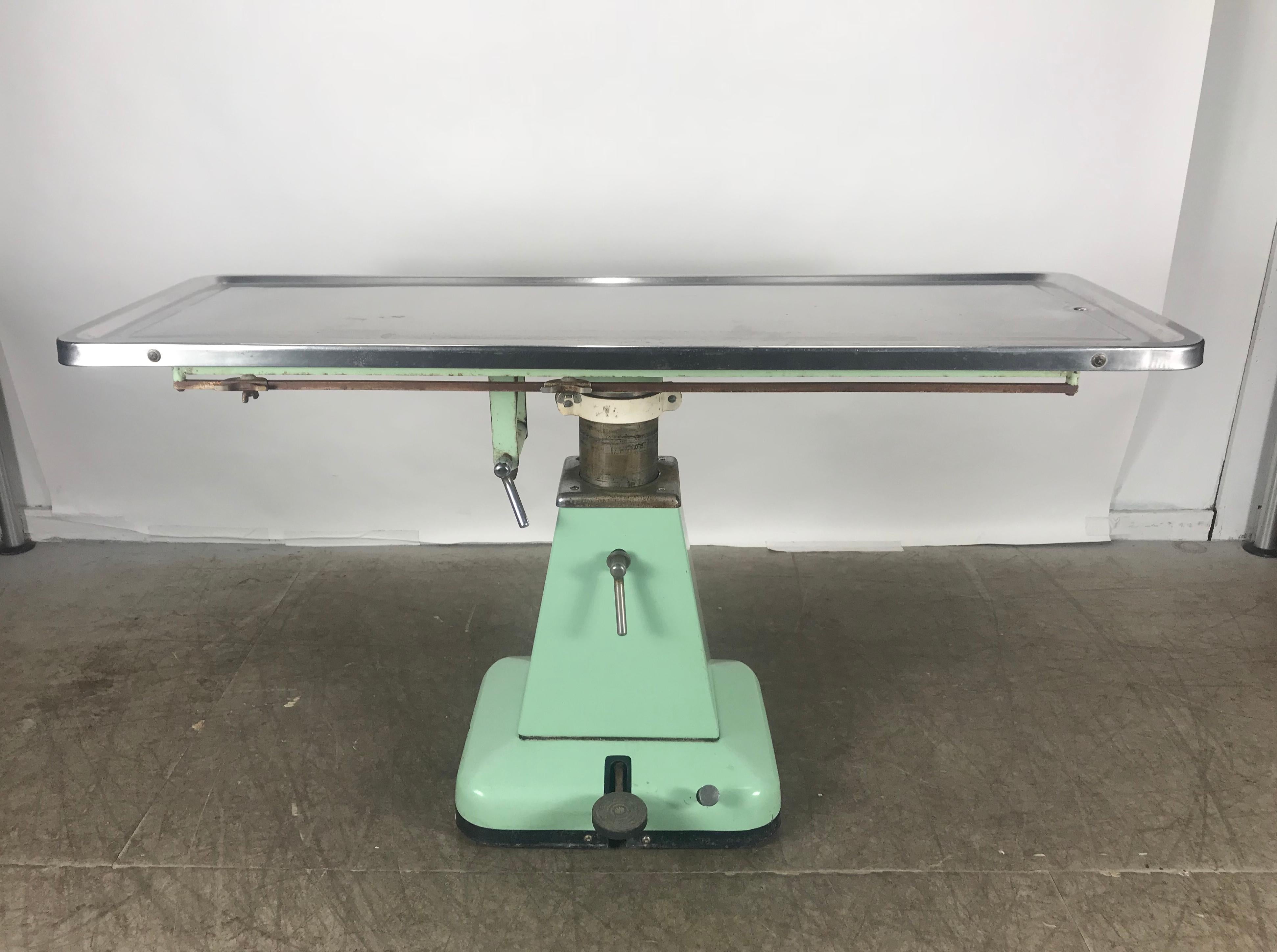 Classic Stainless and Enameled Steel Industrial Hydrualic Base Lift Table In Good Condition In Buffalo, NY