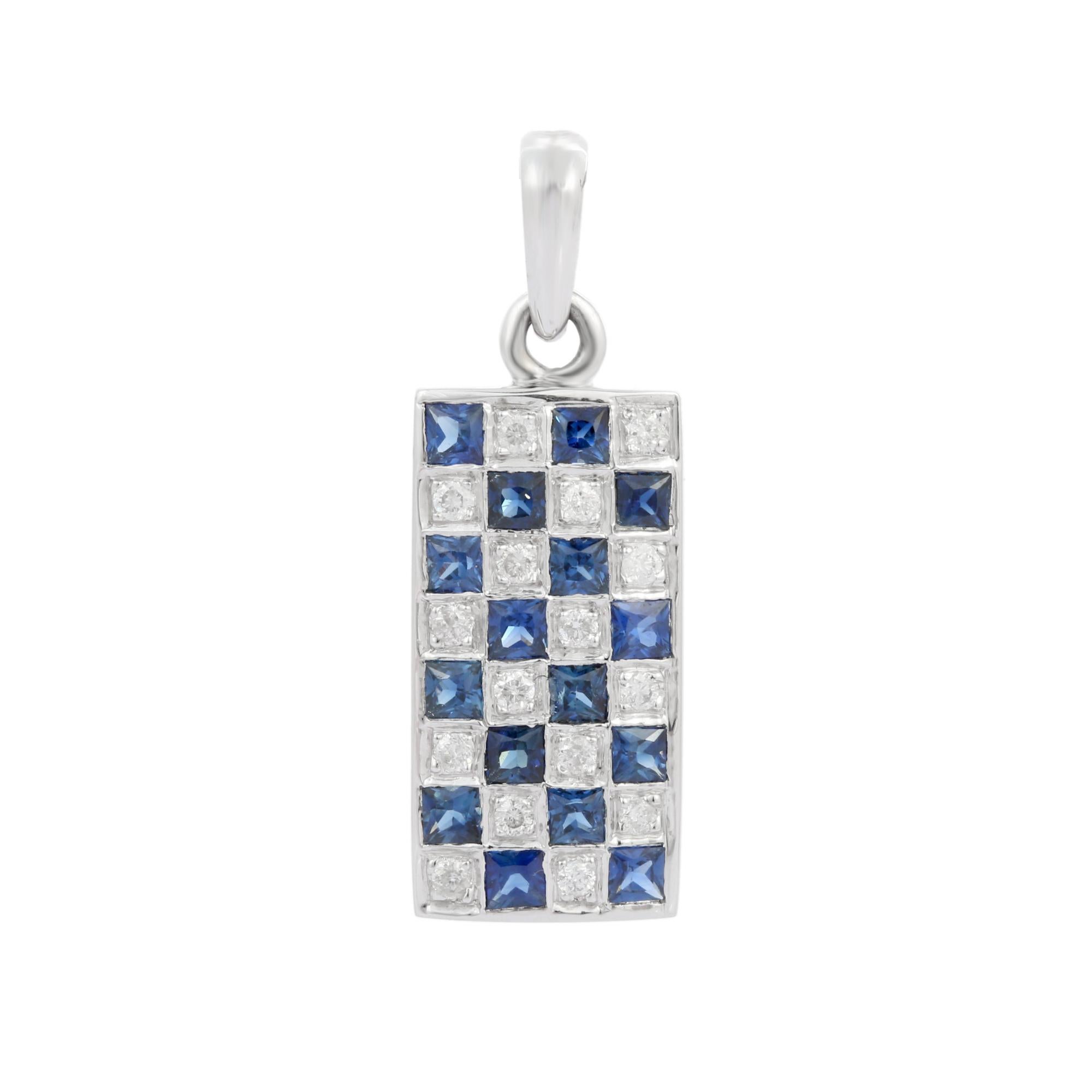 Natural Blue Sapphire Bar Shape pendant in 18K Gold. It has square cut sapphires and diamonds that completes your look with a decent touch. Pendants are used to wear or gifted to represent love and promises. It's an attractive jewelry piece that