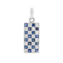 Statement Blue Sapphire and Diamond Bar Pendant in 18K Solid White Gold