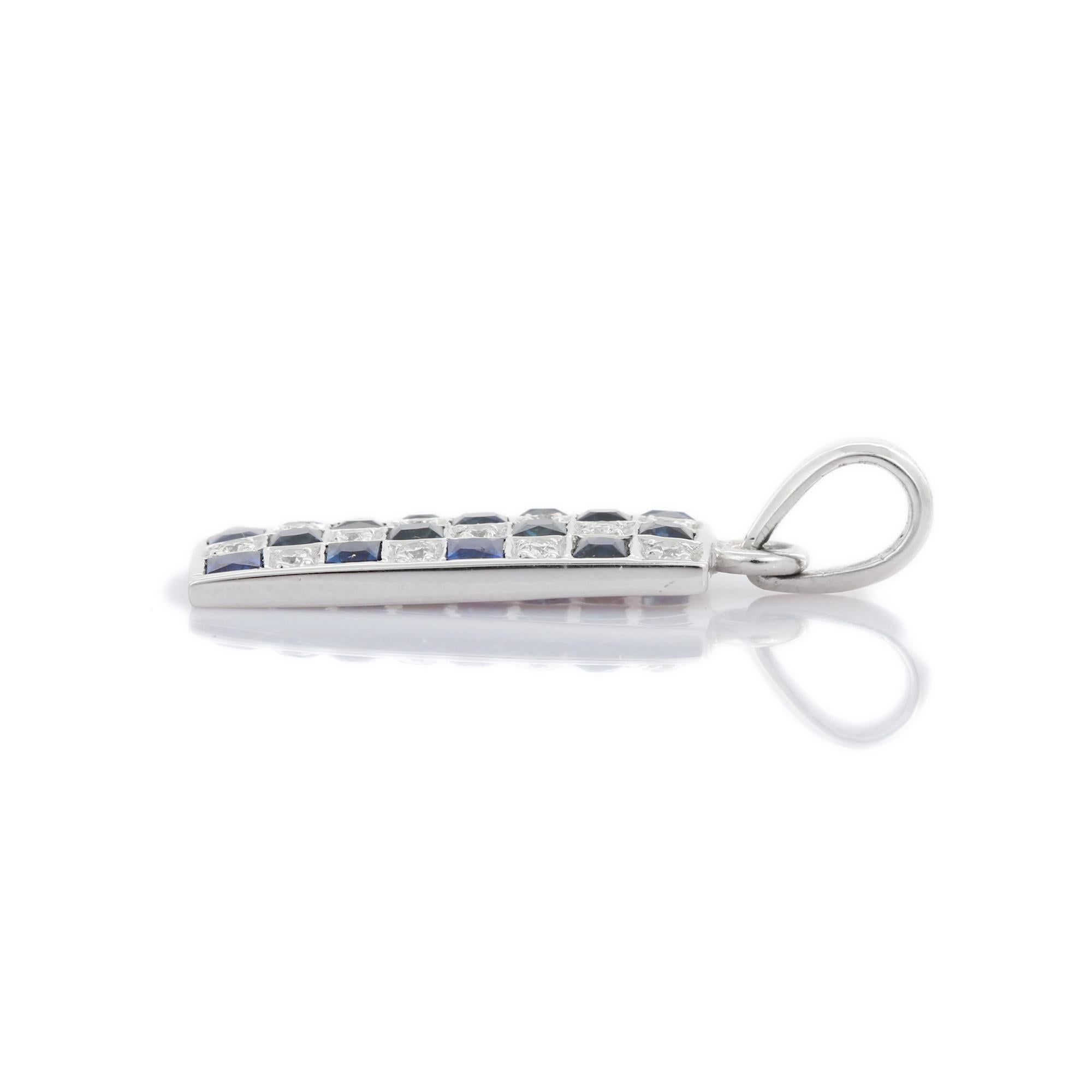 Modernist Statement Blue Sapphire and Diamond Bar Pendant in 18K Solid White Gold For Sale