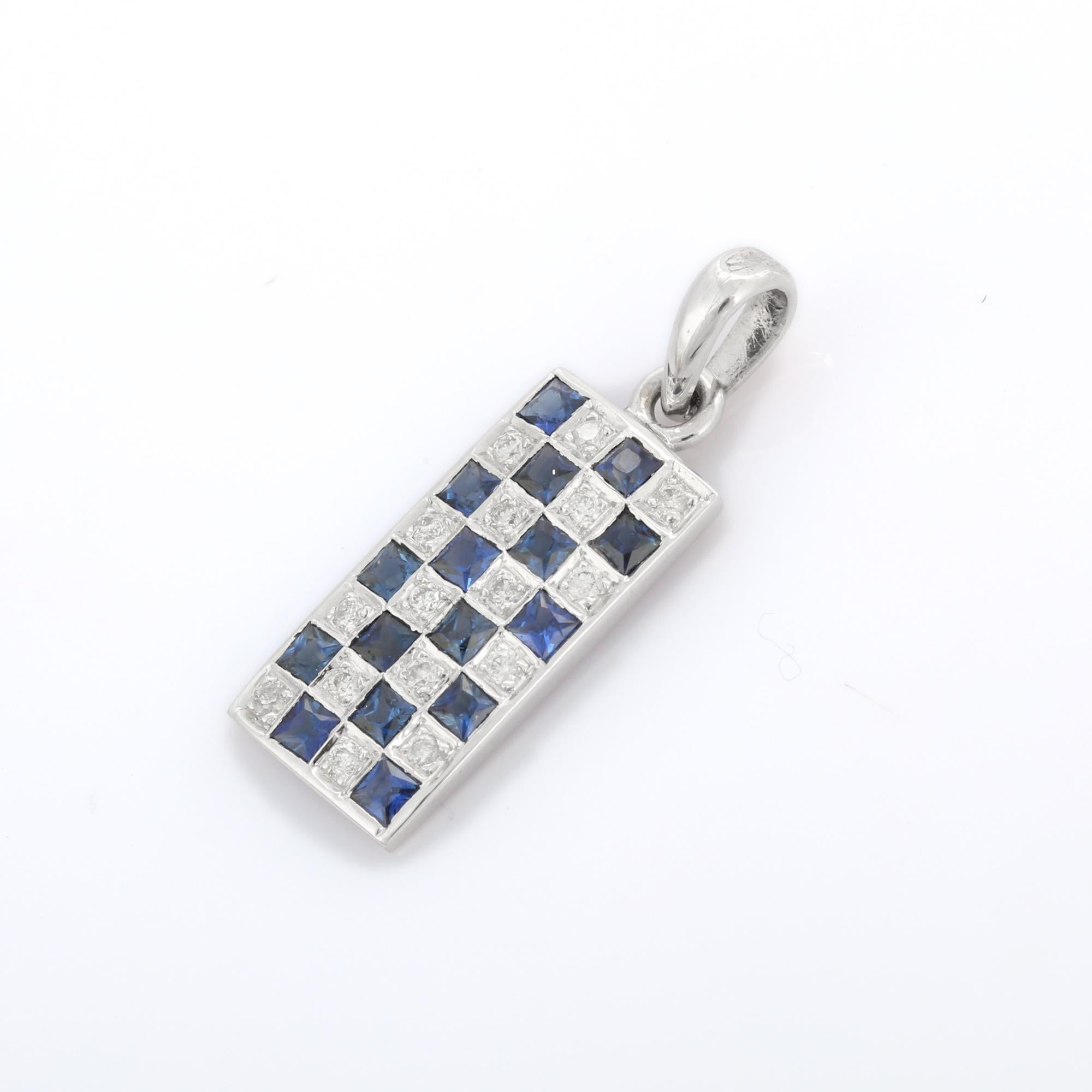 Square Cut Statement Blue Sapphire and Diamond Bar Pendant in 18K Solid White Gold For Sale