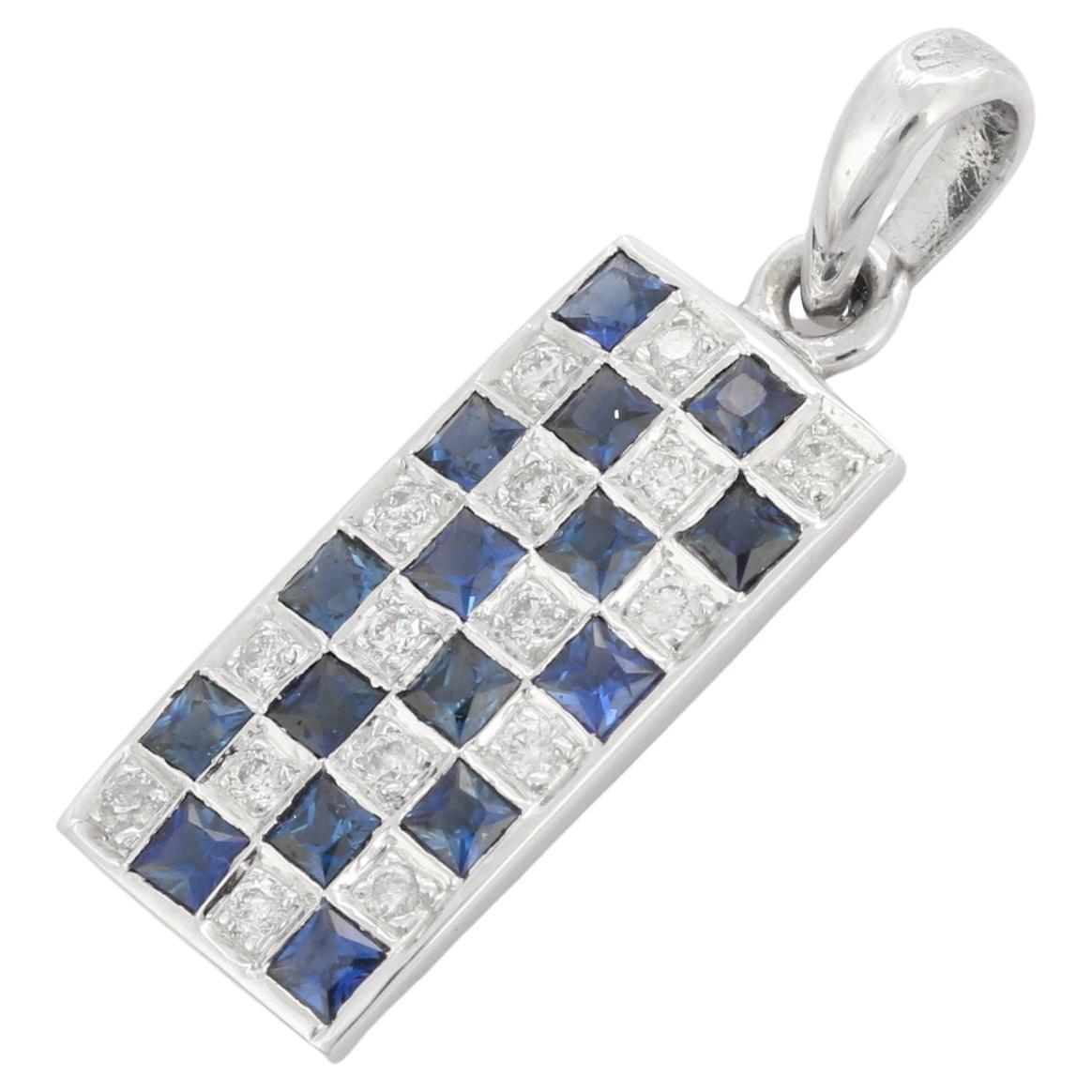 Statement Blue Sapphire and Diamond Bar Pendant in 18K Solid White Gold