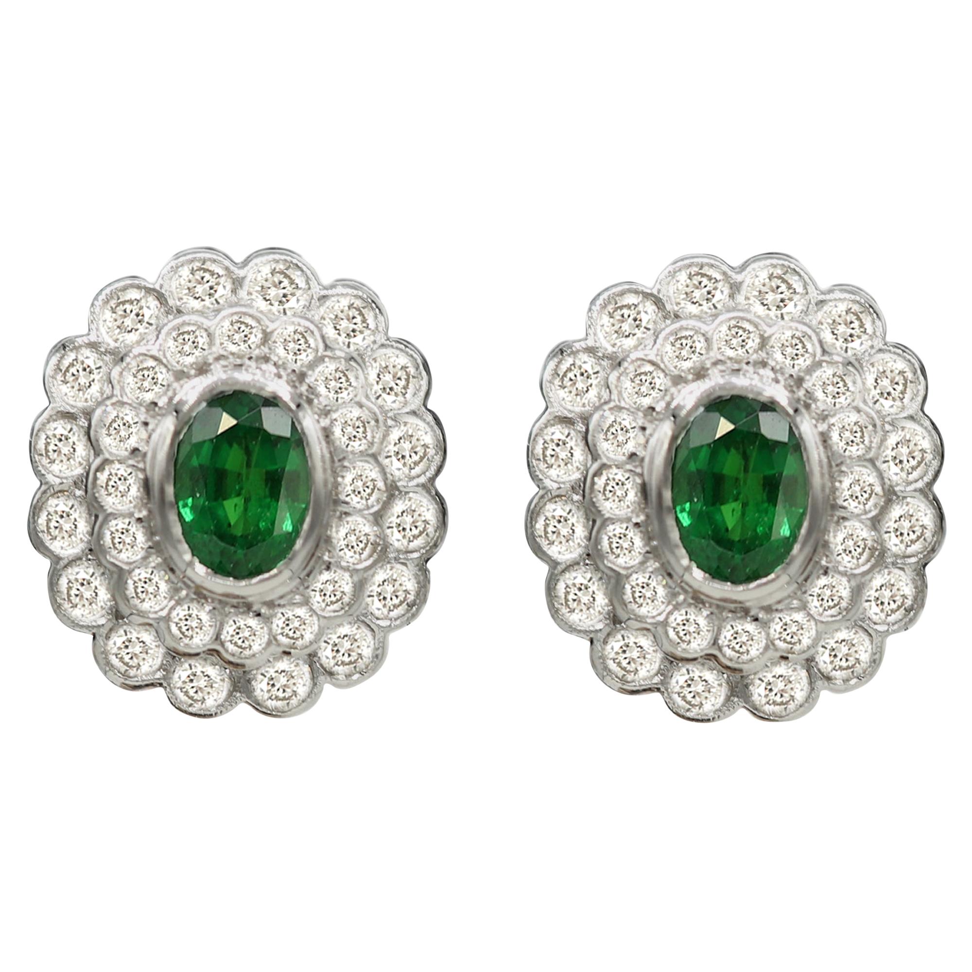 Classic Stavorite and Diamond Earrings 18 Karat Gold Oval Shape Green Tsavorite For Sale