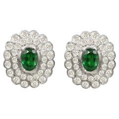 Classic Stavorite and Diamond Earrings 18 Karat Gold Oval Shape Green Tsavorite