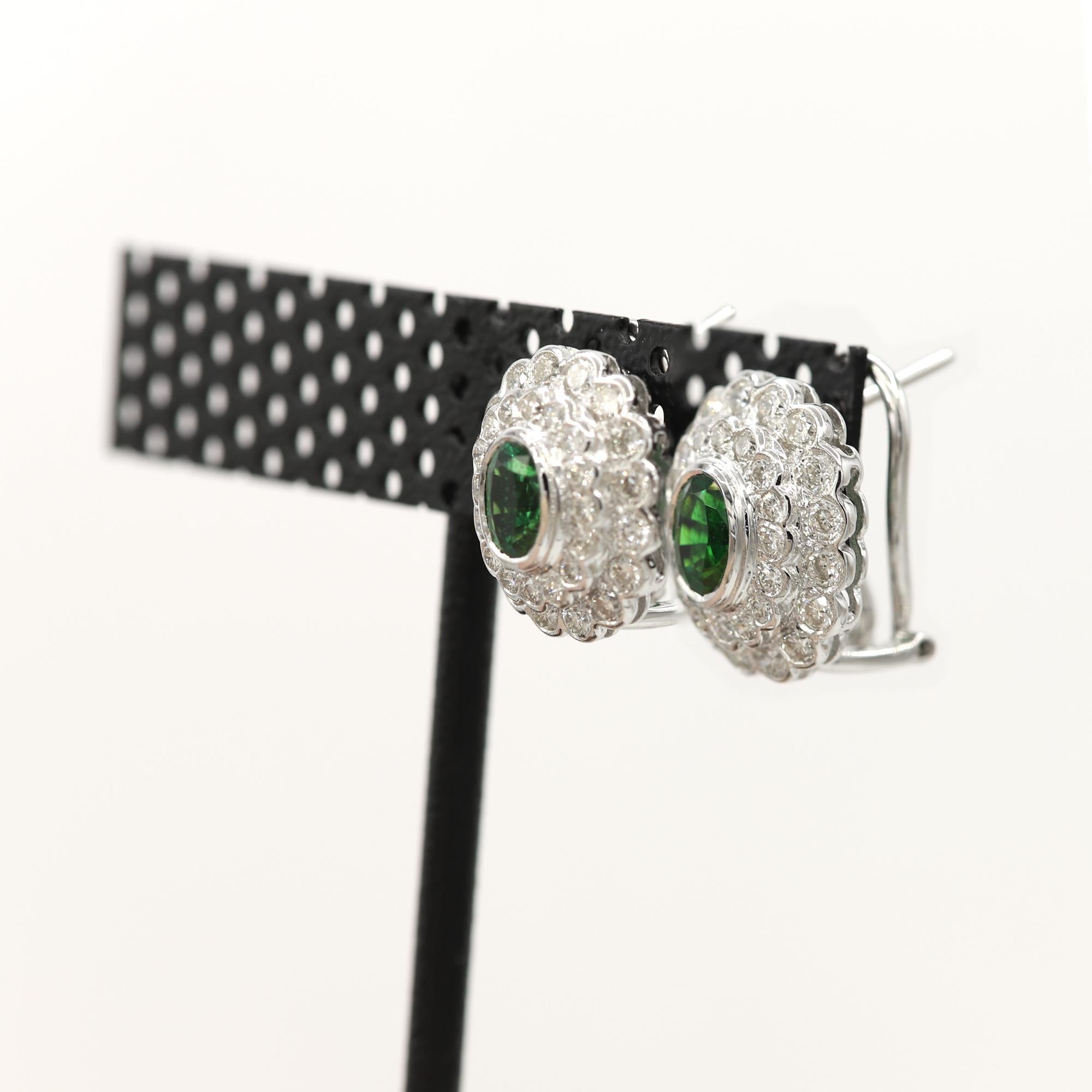 Oval Cut Classic Stavorite and Diamond Earrings 18 Karat Gold Oval Shape Green Tsavorite For Sale