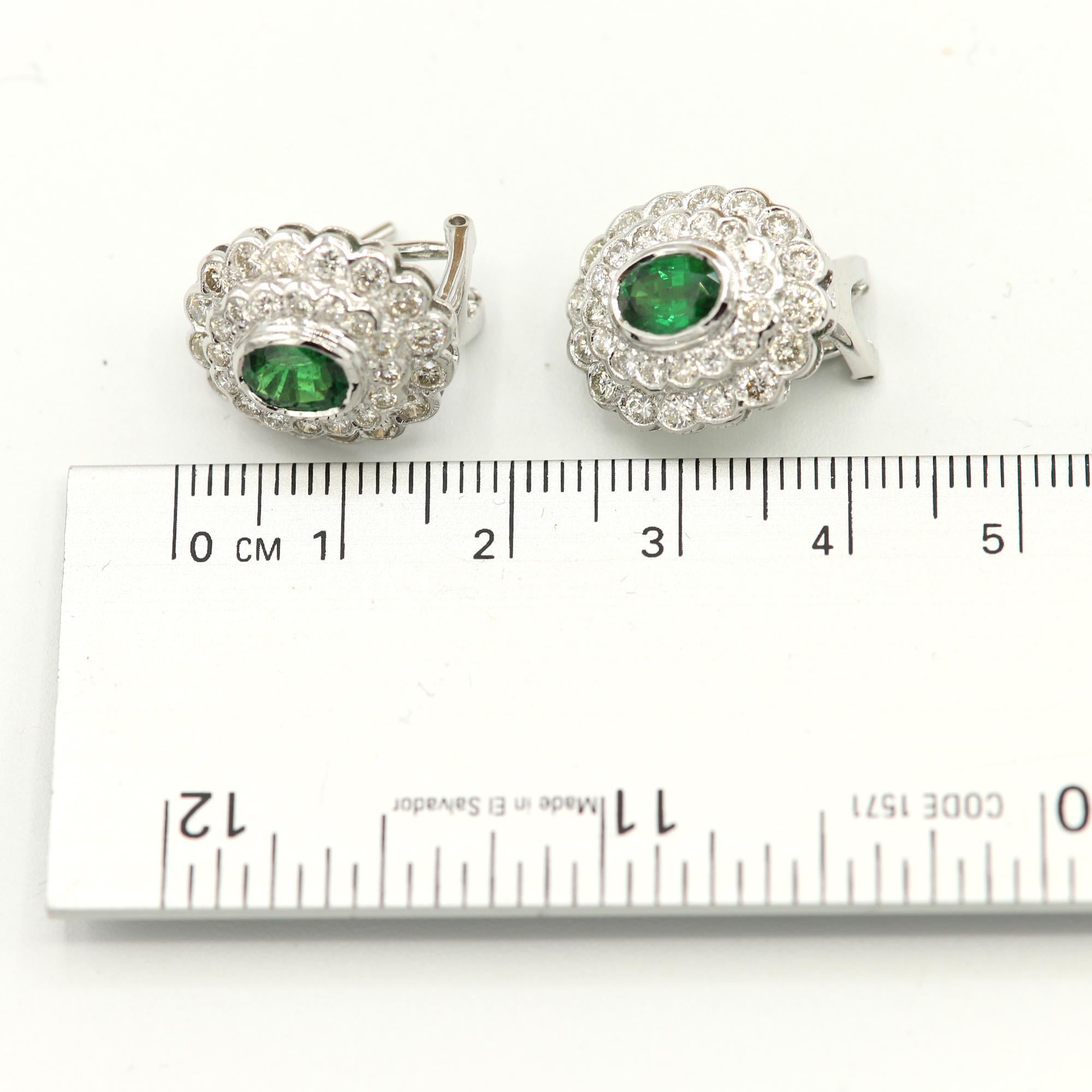 Classic Stavorite and Diamond Earrings 18 Karat Gold Oval Shape Green Tsavorite In New Condition For Sale In Brooklyn, NY