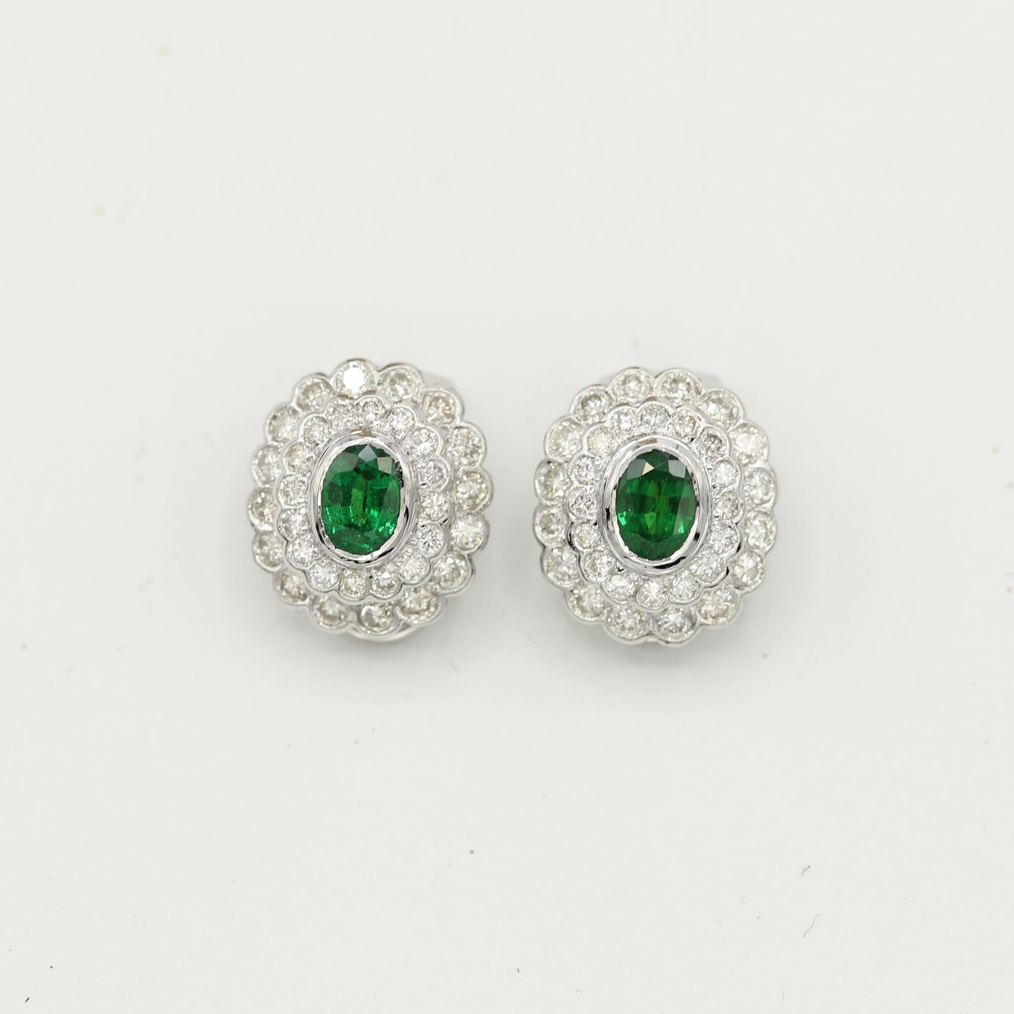 Classic Stavorite and Diamond Earrings 18 Karat Gold Oval Shape Green Tsavorite For Sale 1