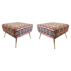 Classic Stool Pair in Textured "Habanero Collection Fabric and Solid Brass Legs
