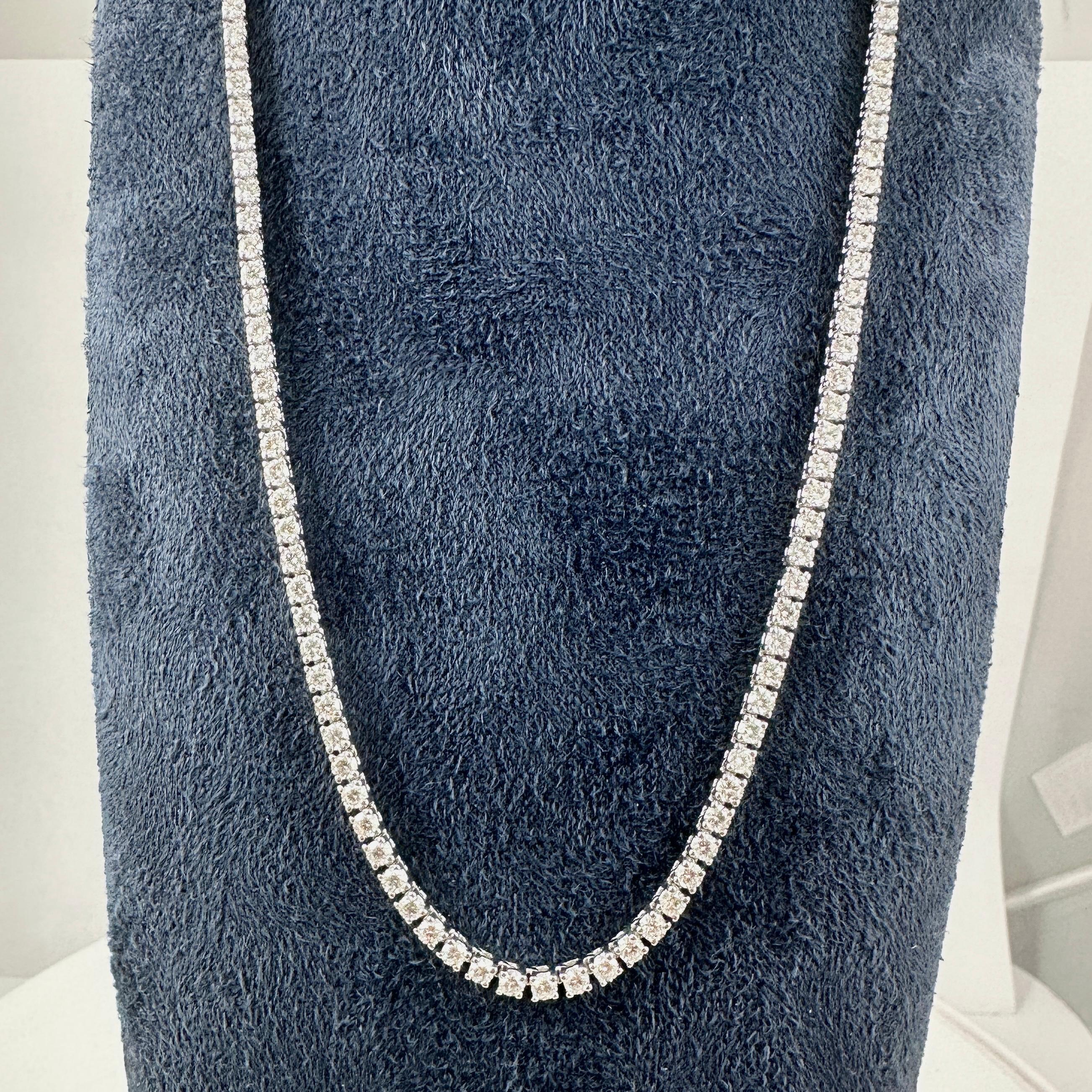 Round Cut Classic Straight-Line Diamond Tennis Necklace in 14K White Gold, 10.25 Carats For Sale