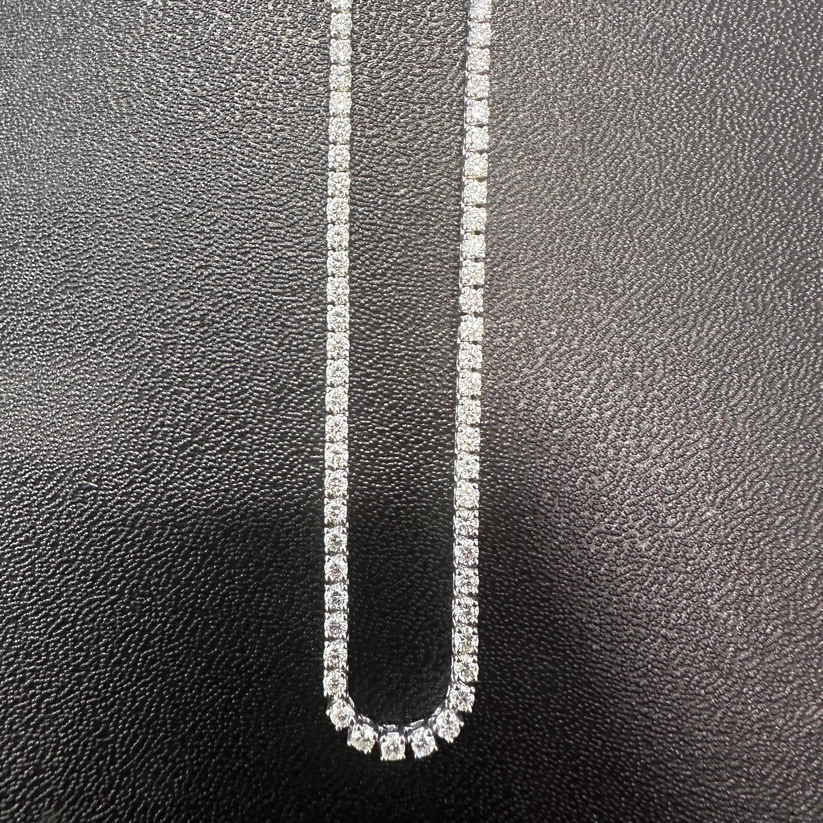 Women's or Men's Classic Straight-Line Diamond Tennis Necklace in 14K White Gold, 10.25 Carats For Sale