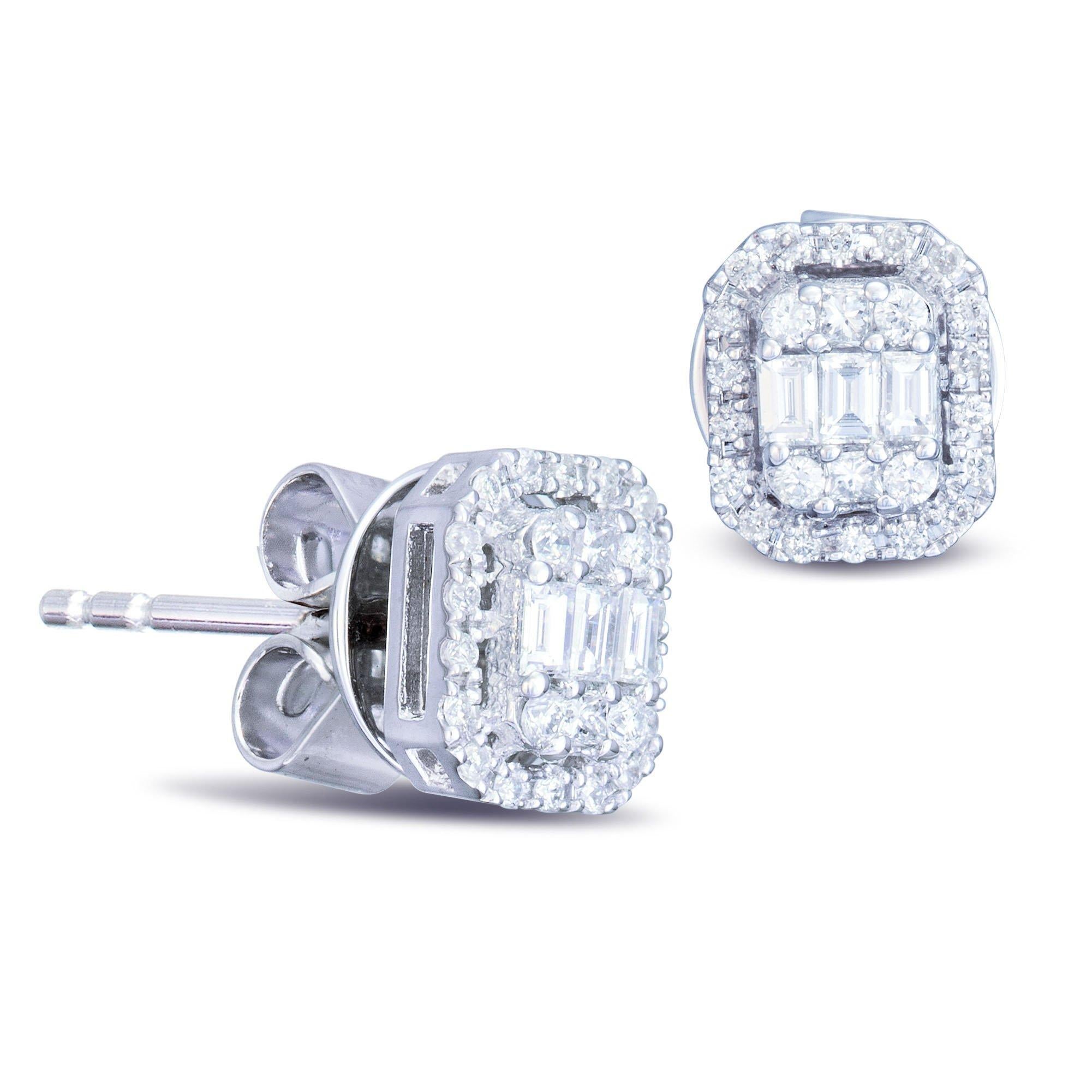 Round Cut Classic Stud Earrings 18K White Diamond Baguette for Her For Sale