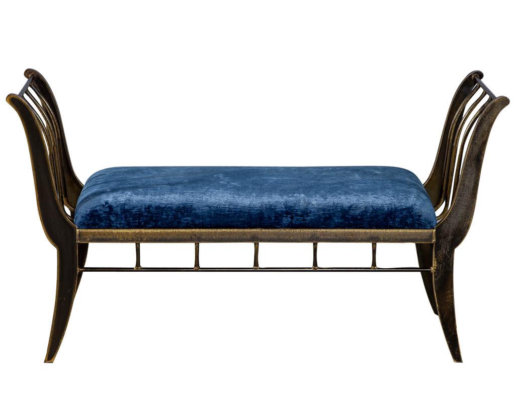 Classic rich bronze finished bench made by Swaim furniture. Newly reupholstered in rich crushed blue velvet.