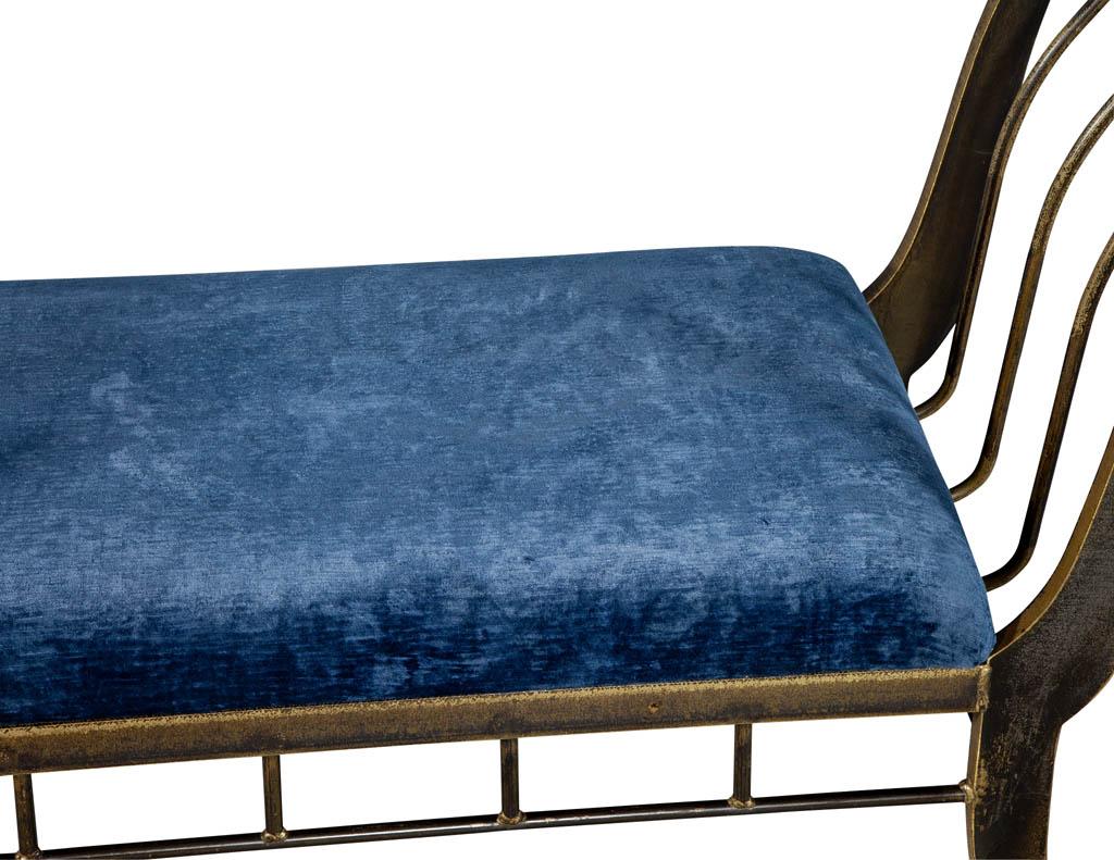 Modern Classic Style Bronze Finished Bench with Blue Crushed Velvet by Swaim