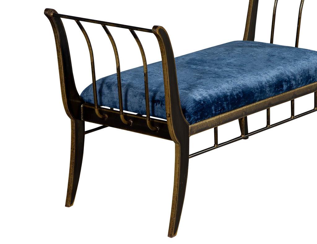 American Classic Style Bronze Finished Bench with Blue Crushed Velvet by Swaim