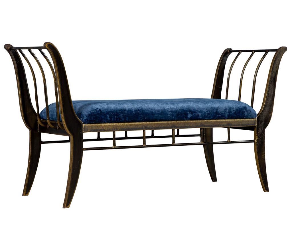 Classic Style Bronze Finished Bench with Blue Crushed Velvet by Swaim In Good Condition In North York, ON