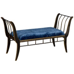Classic Style Bronze Finished Bench with Blue Crushed Velvet by Swaim