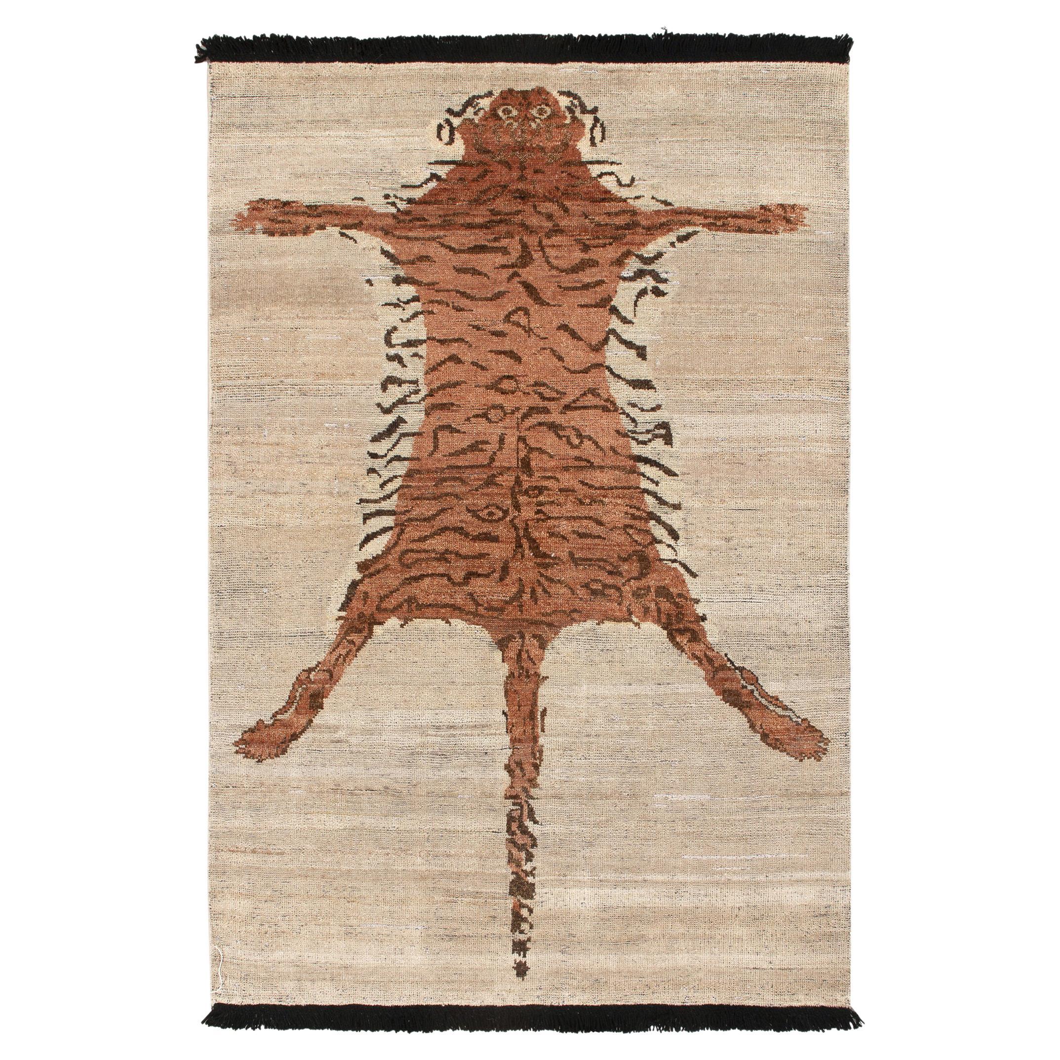Rug & Kilim's Classic Style Contemporary Tiger Rug in Beige-Brown, Orange For Sale