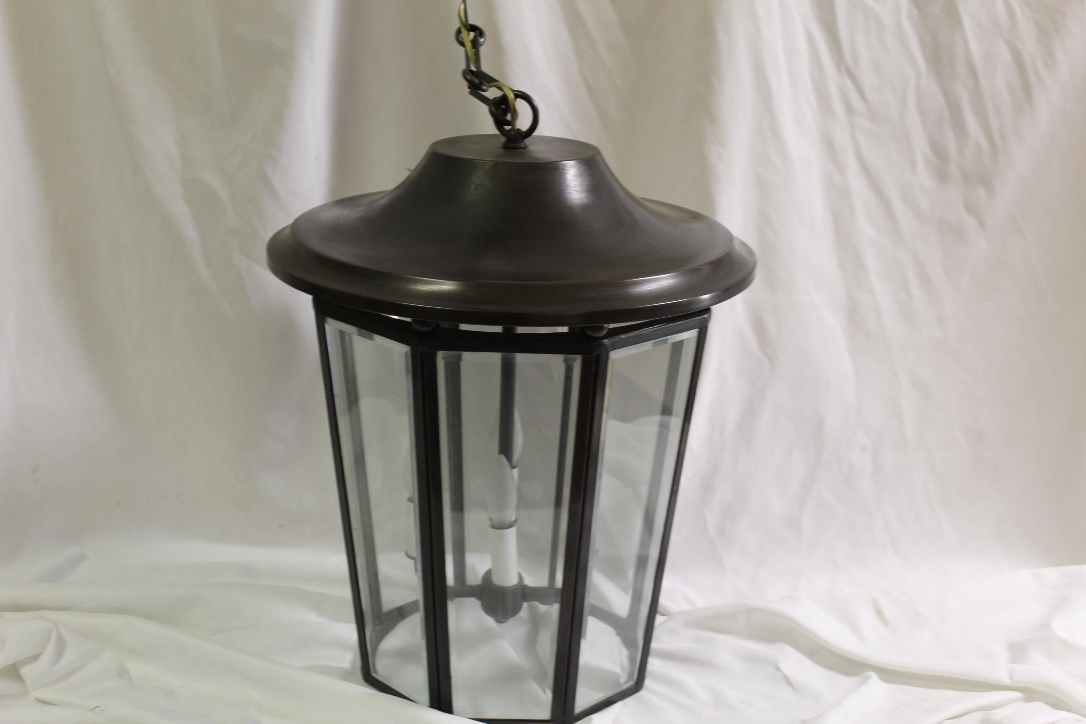 A good size Lantern made for a Lighting Designer in Los Angeles . All metal body metal finished in a Bronze Finish .  Has a Ceiling Canopy of 6