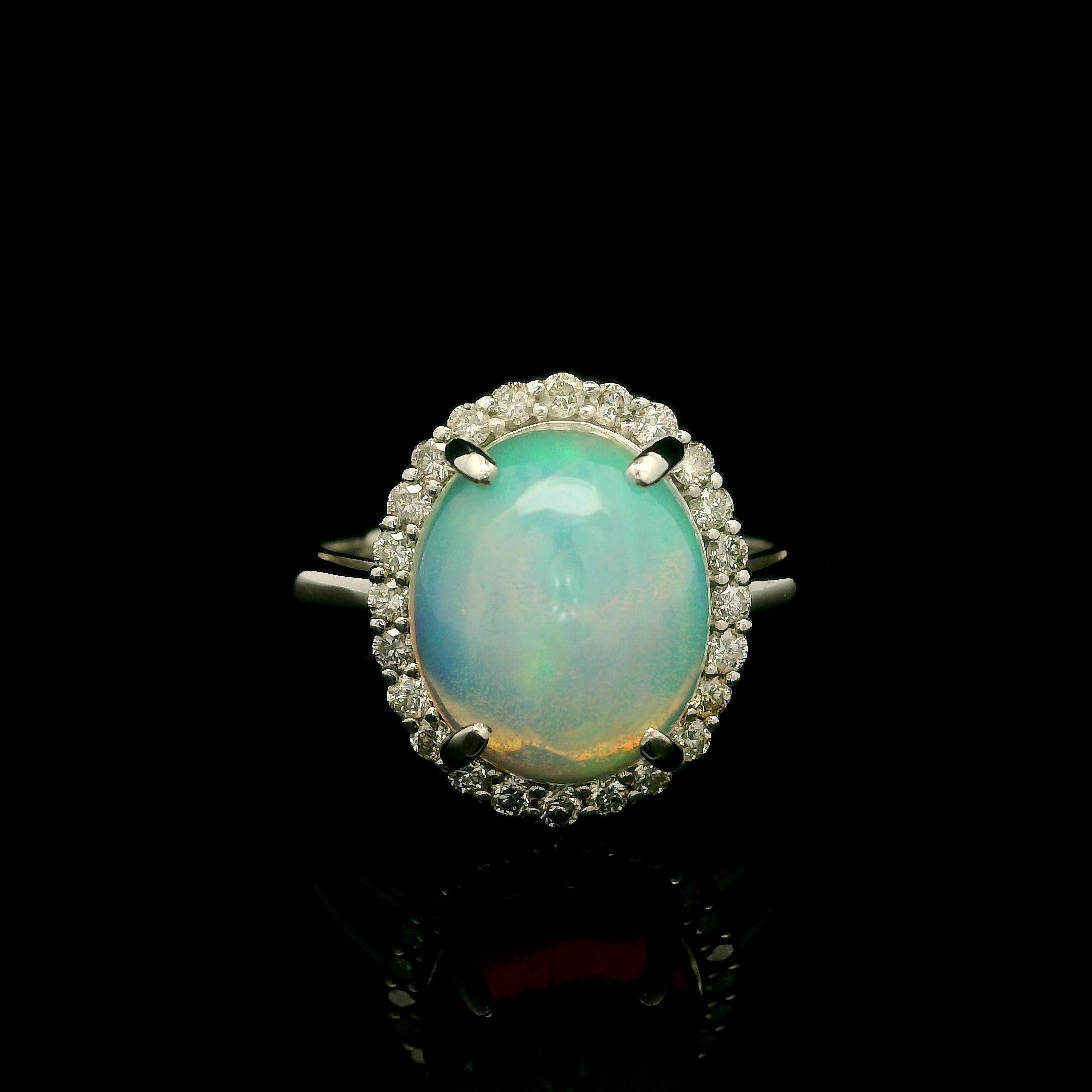Anello in platino stile classico con opale ovale cabochon da 3,19 carati e diamante a raggiera in vendita 7