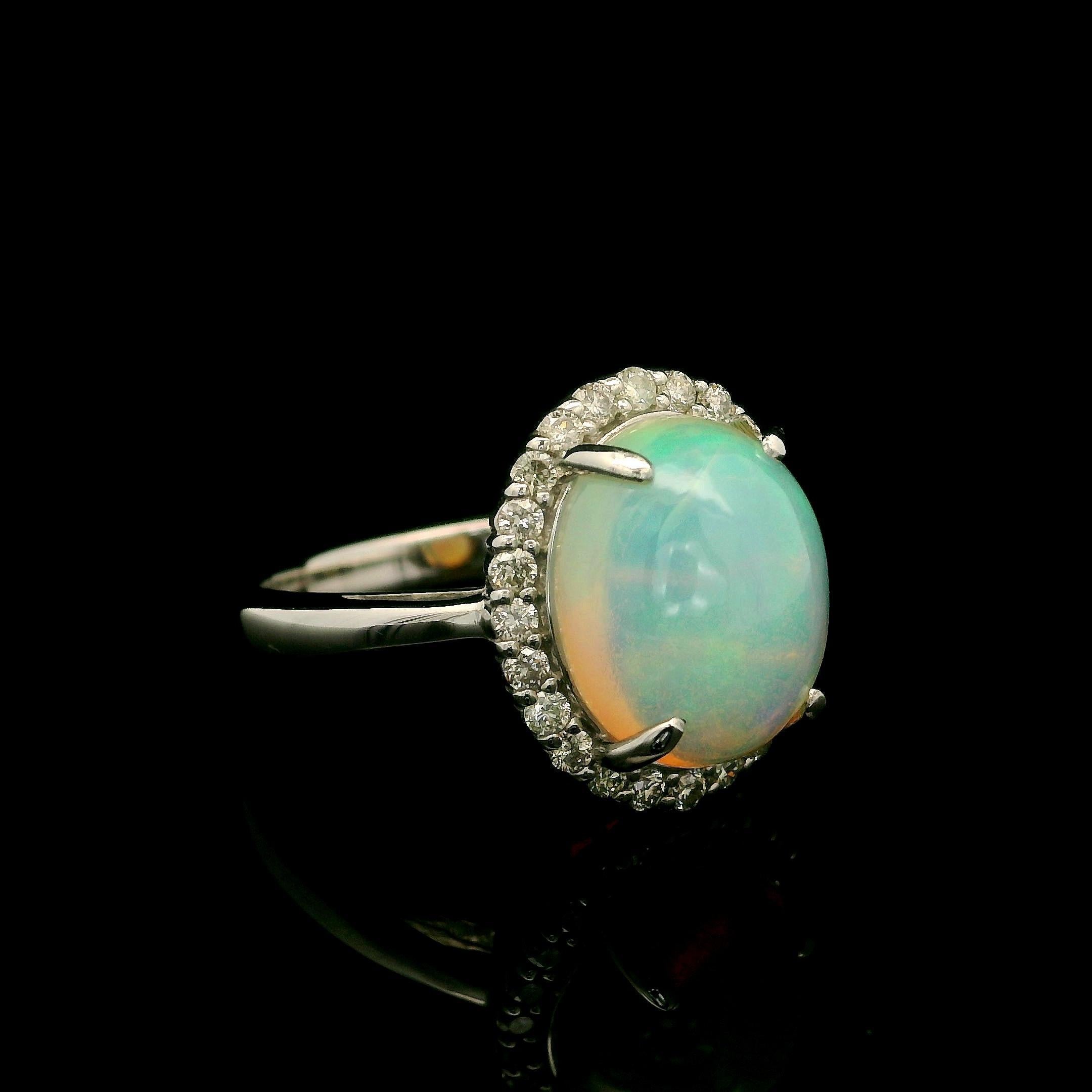 Anello in platino stile classico con opale ovale cabochon da 3,19 carati e diamante a raggiera in vendita 8
