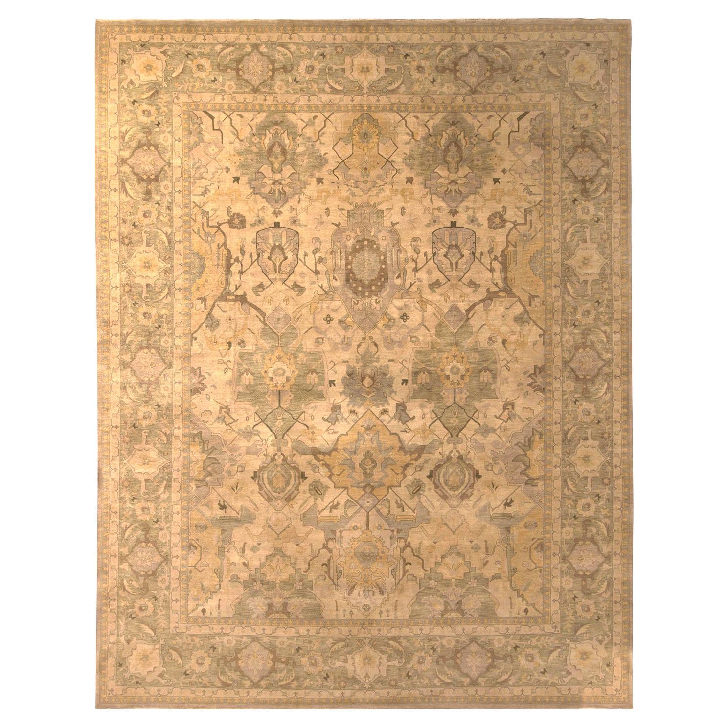 Rug & Kilim's Classic Style Rug in Cream, Pastel Green and Gold Floral Pattern For Sale