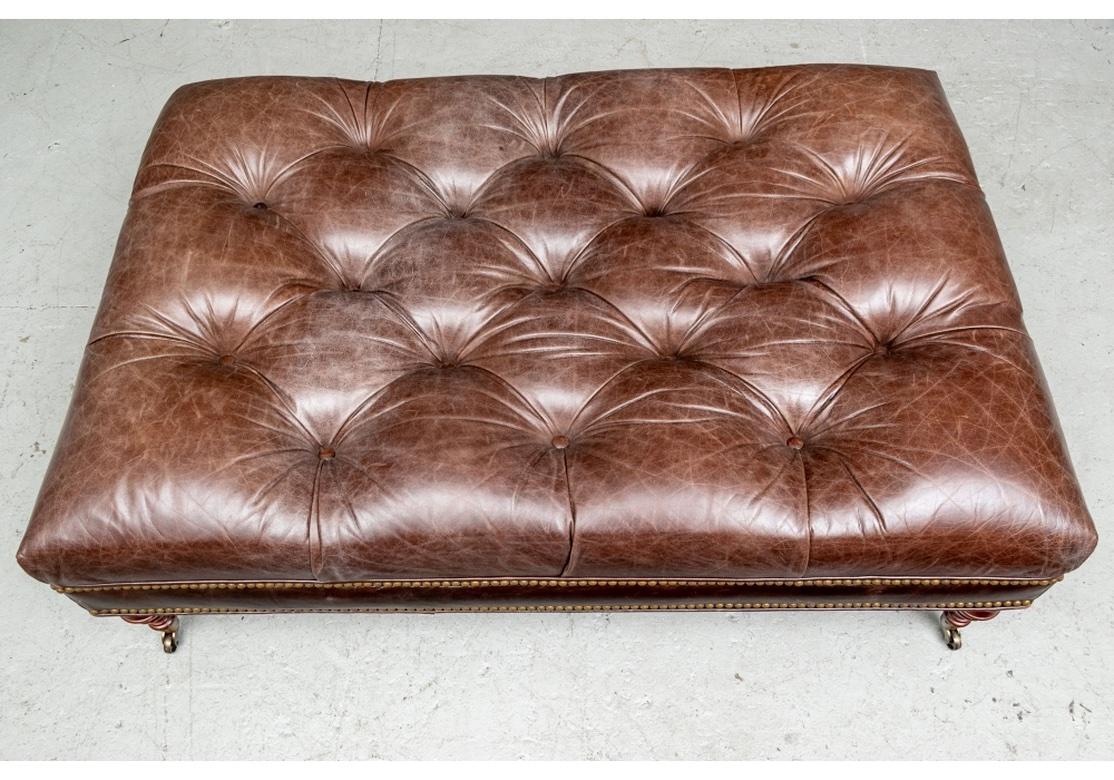 Hollywood Regency Classic Style Tufted Brown Leather Ottoman