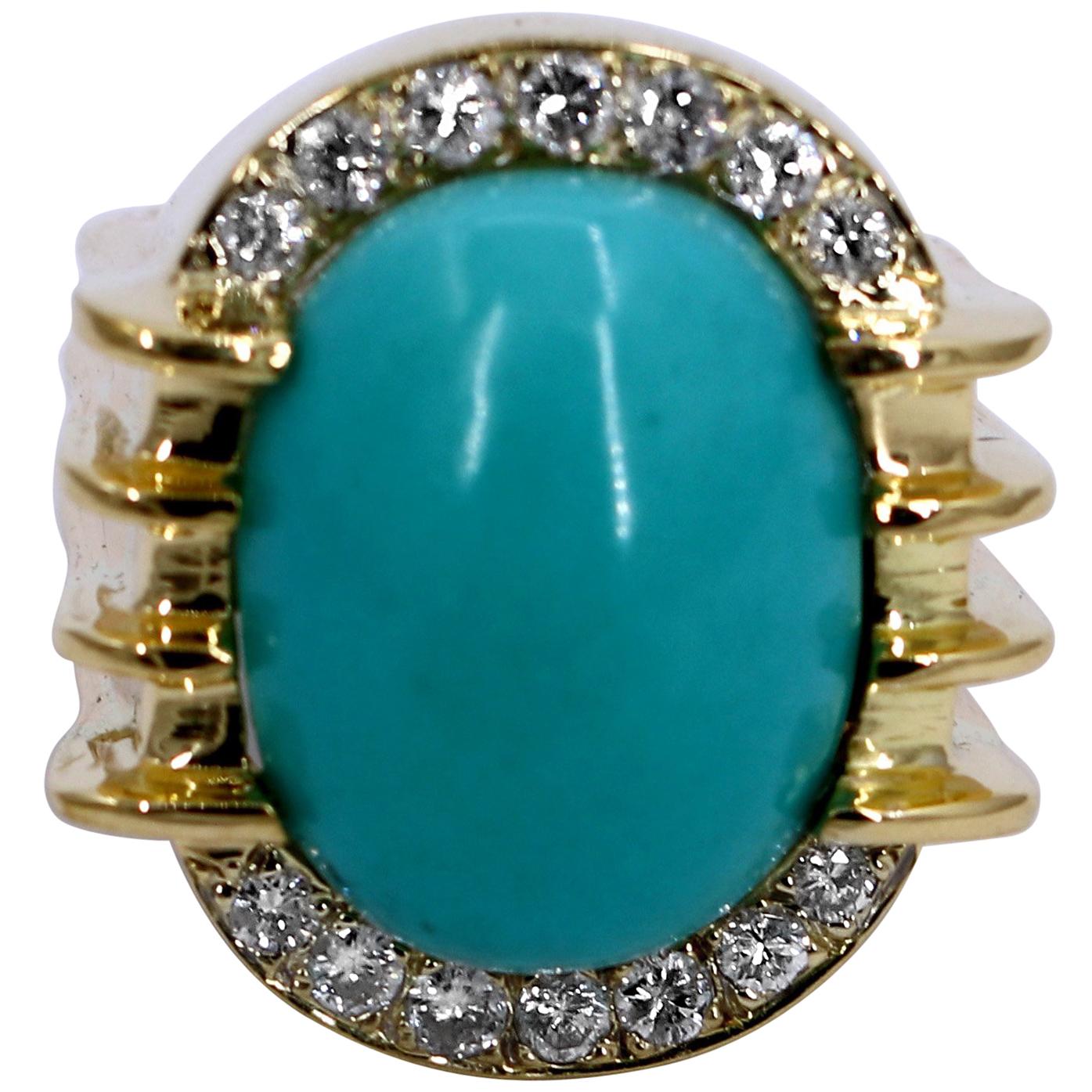 Classic Styled Gold Ring with Turquoise and Diamonds