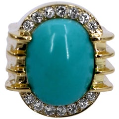 Classic Styled Gold Ring with Turquoise and Diamonds