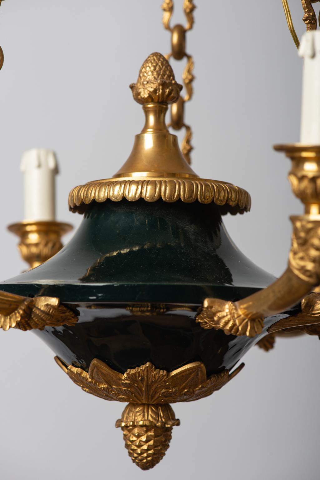 Enameled Classic Swan French Empire Gilt Bronze Chandelier For Sale