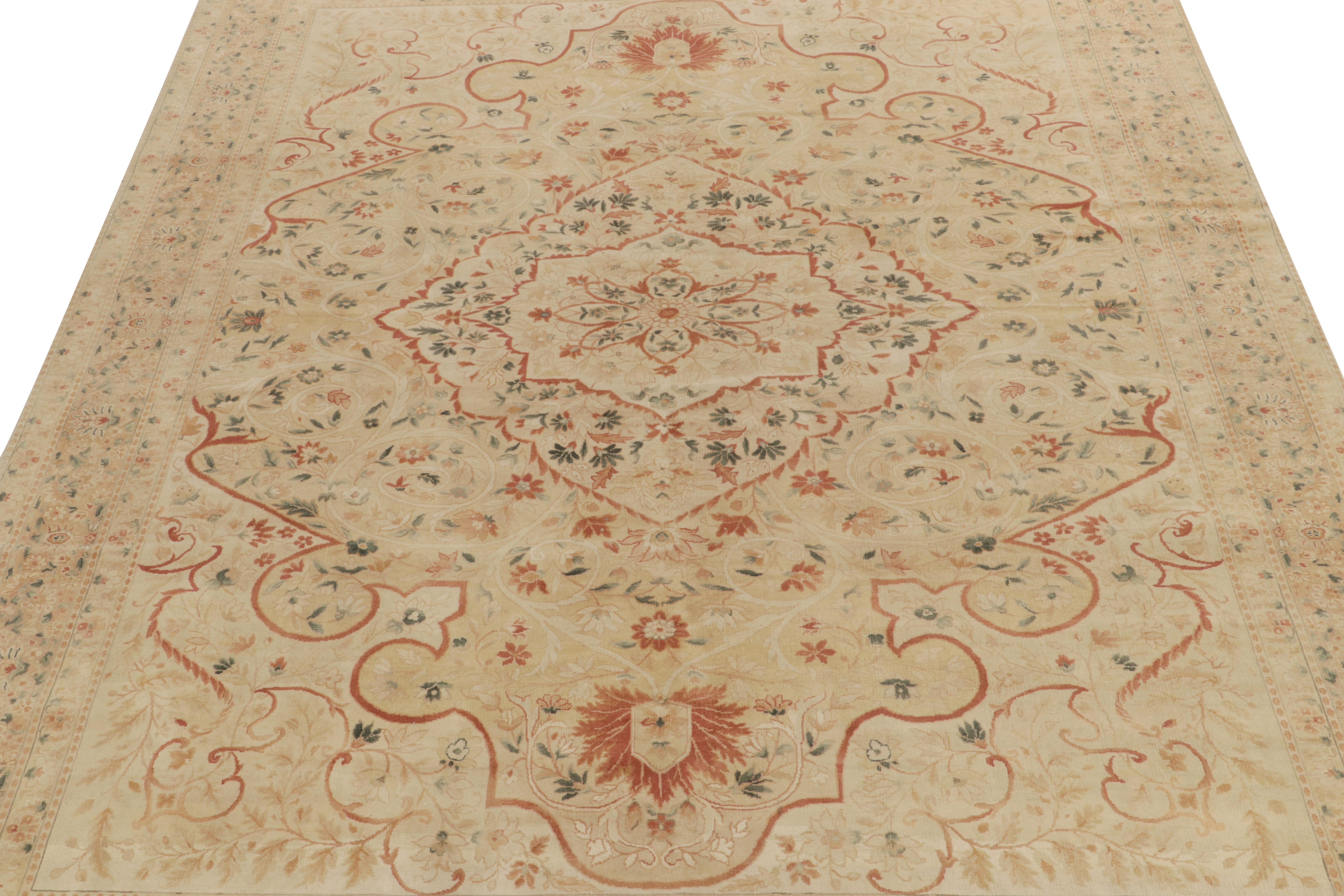 Hand-Knotted Rug & Kilim's Classic Tabriz Style Rug in Beige, Red & Green Floral Pattern For Sale